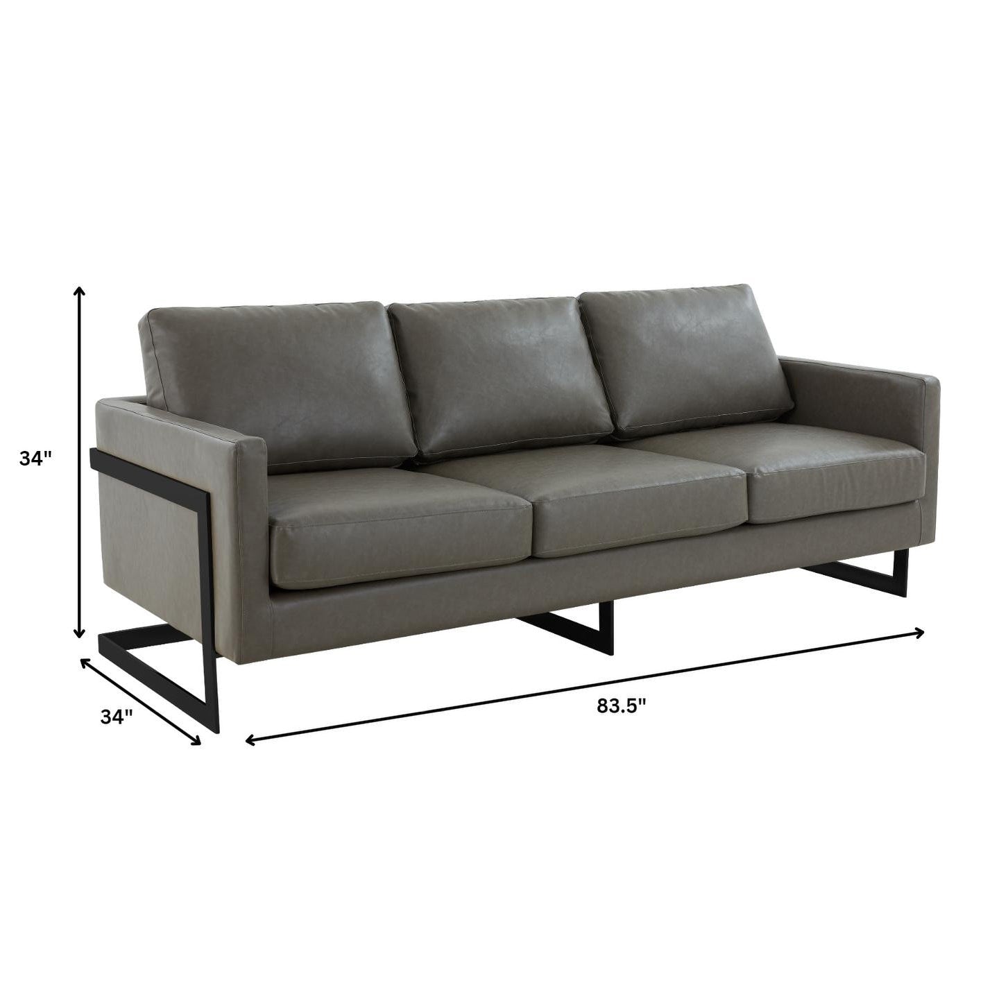 Canapé 3 places, style minimaliste, revêtement cuir, avec coussins amovibles, en acier inoxydable, pour salon ou chambre à coucher.