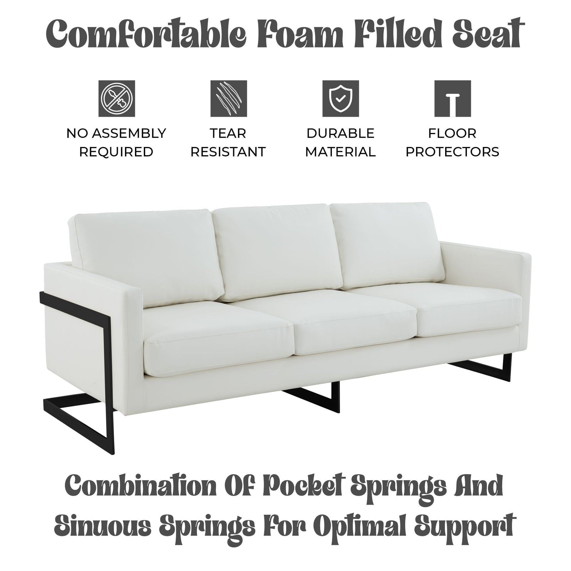 Canapé 3 places, style minimaliste, revêtement cuir, avec coussins amovibles, en acier inoxydable, pour salon ou chambre à coucher.