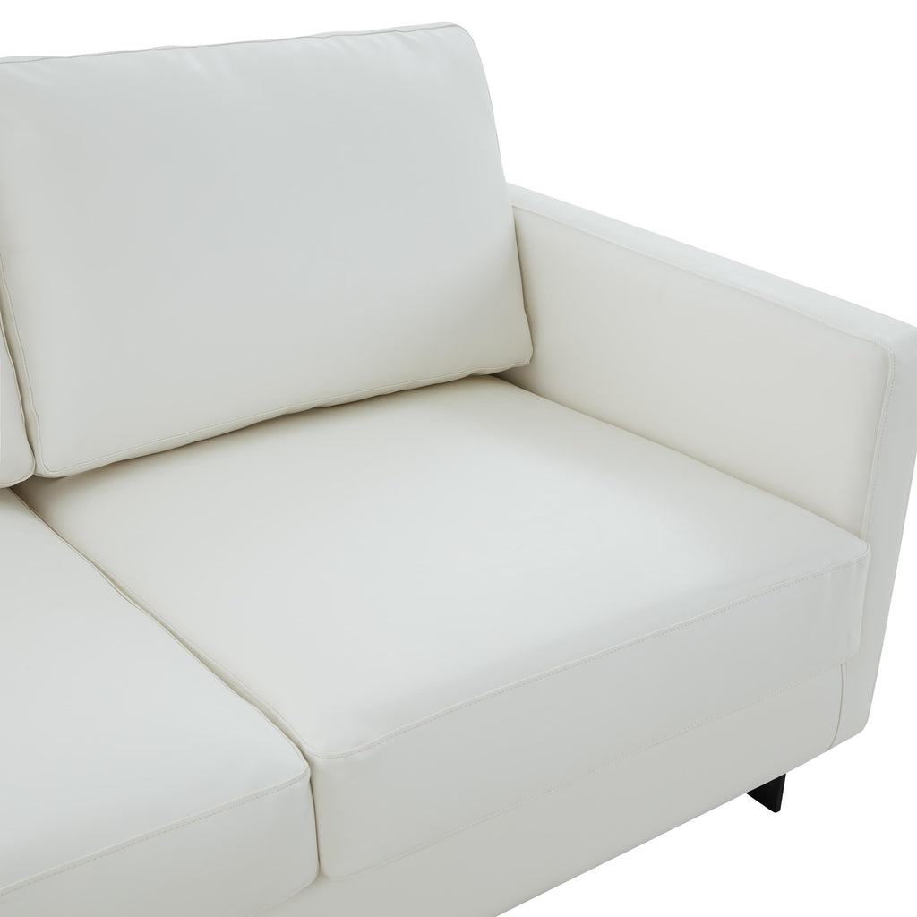 Canapé 3 places, style minimaliste, revêtement cuir, avec coussins amovibles, en acier inoxydable, pour salon ou chambre à coucher.