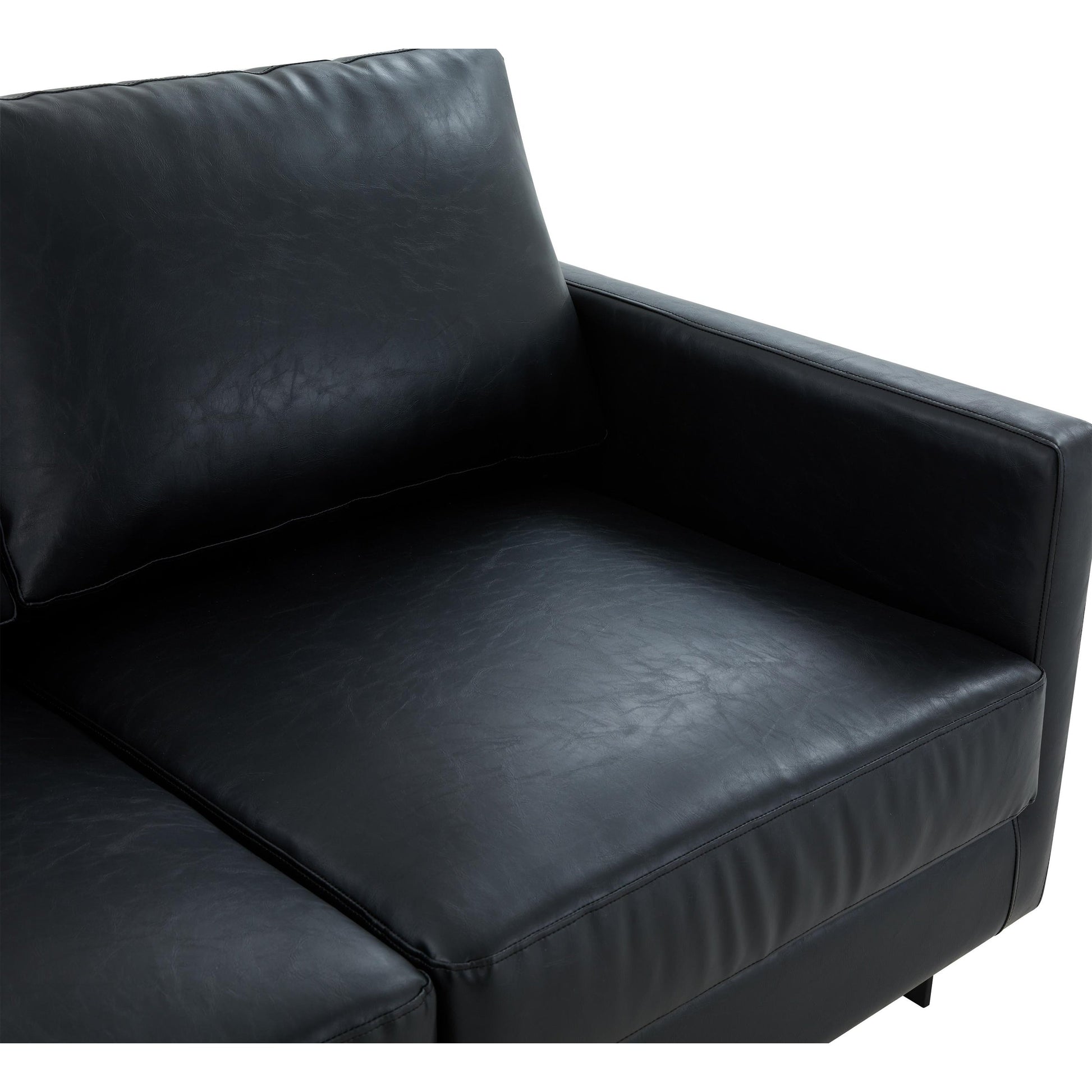 Canapé 3 places, style minimaliste, revêtement cuir, avec coussins amovibles, en acier inoxydable, pour salon ou chambre à coucher.
