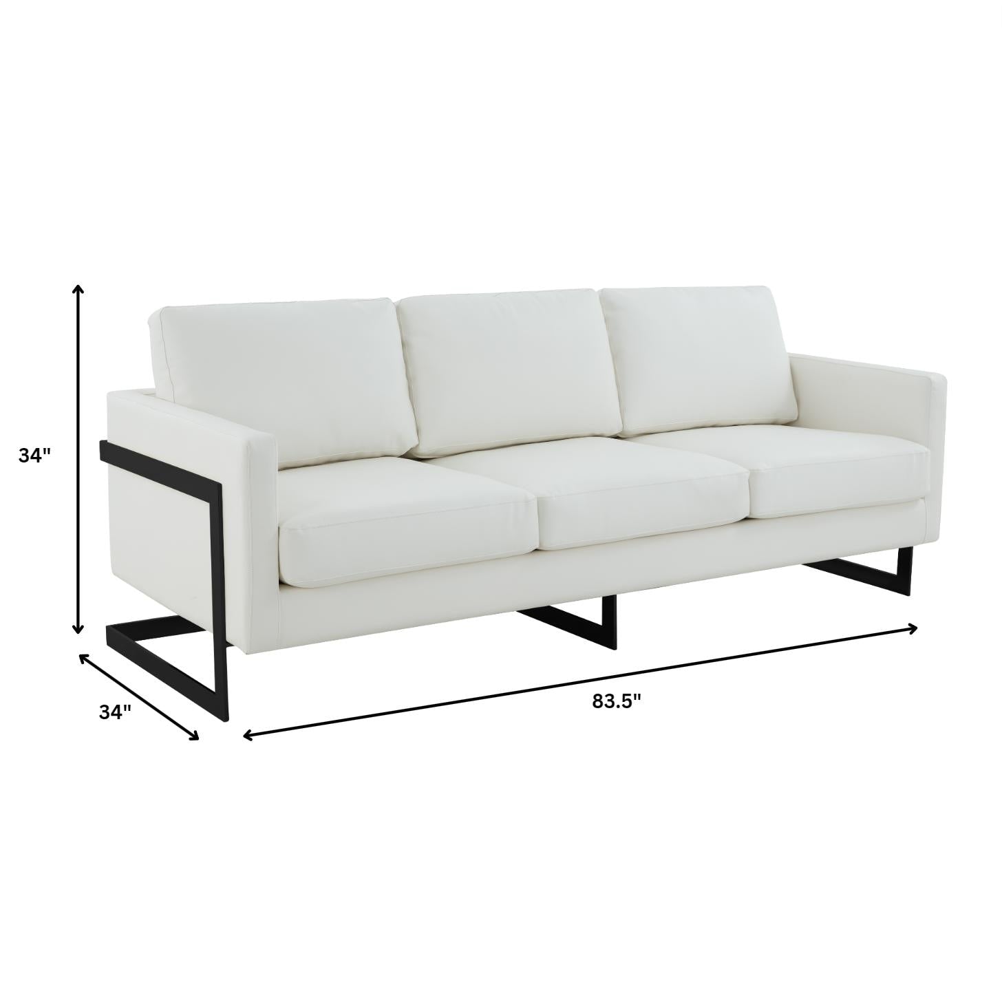 Canapé 3 places, style minimaliste, revêtement cuir, avec coussins amovibles, en acier inoxydable, pour salon ou chambre à coucher.