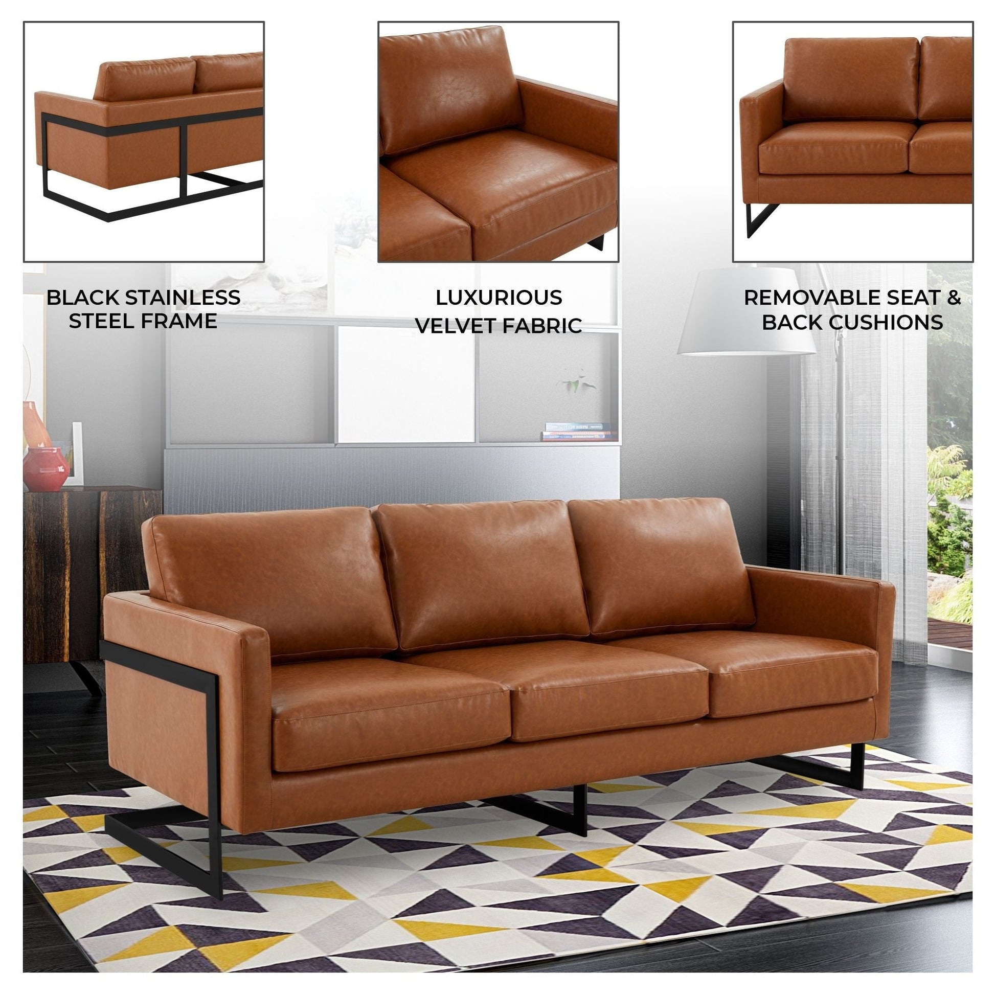 Canapé 3 places, style minimaliste, revêtement cuir, avec coussins amovibles, en acier inoxydable, pour salon ou chambre à coucher.