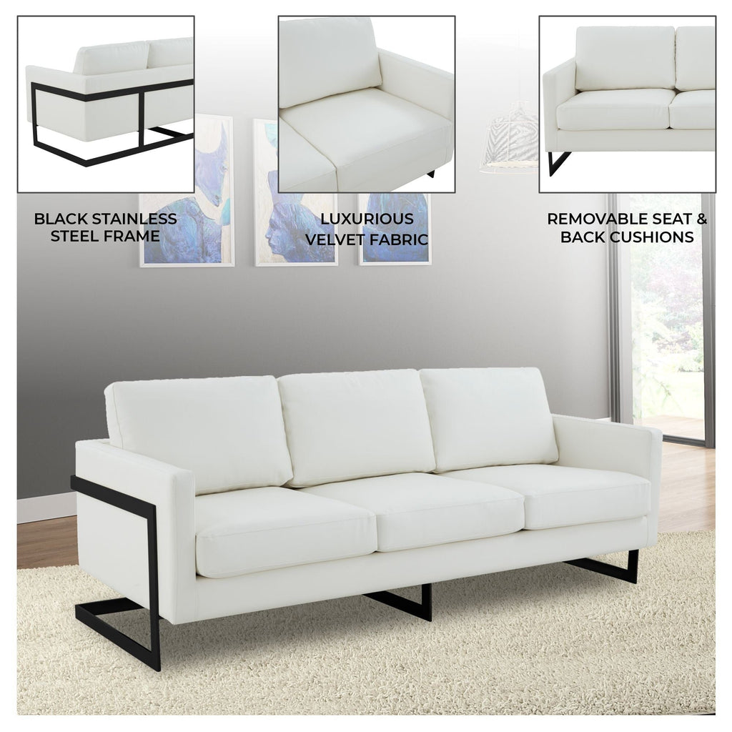 Canapé 3 places, style minimaliste, revêtement cuir, avec coussins amovibles, en acier inoxydable, pour salon ou chambre à coucher.