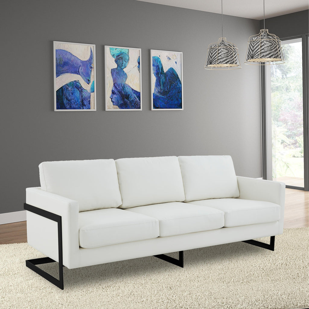 Canapé 3 places, style minimaliste, revêtement cuir, avec coussins amovibles, en acier inoxydable, pour salon ou chambre à coucher.