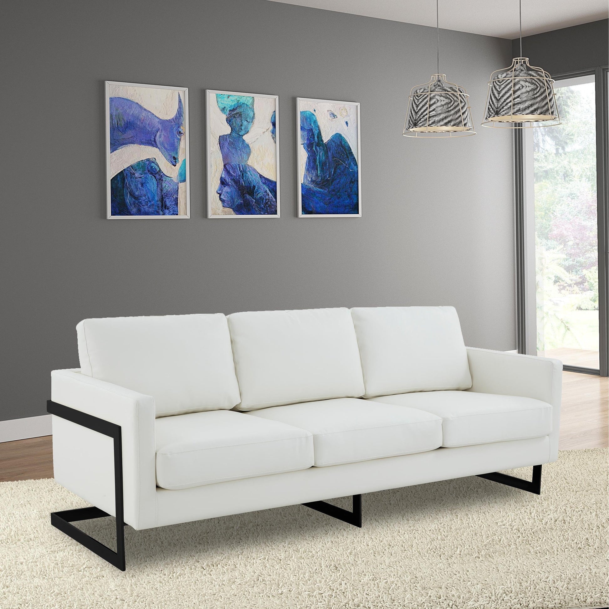 Canapé 3 places, style minimaliste, revêtement cuir, avec coussins amovibles, en acier inoxydable, pour salon ou chambre à coucher.