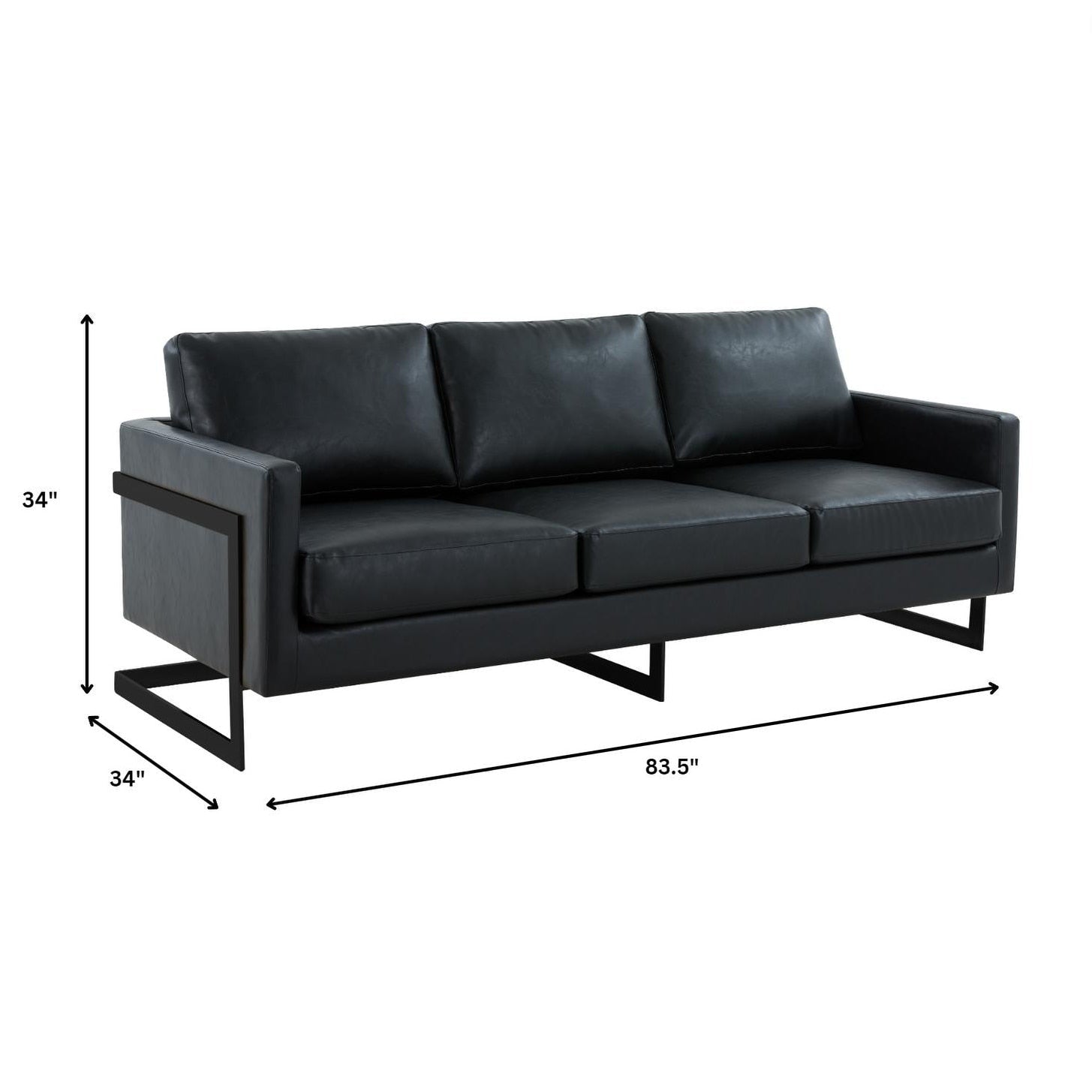 Canapé 3 places, style minimaliste, revêtement cuir, avec coussins amovibles, en acier inoxydable, pour salon ou chambre à coucher.