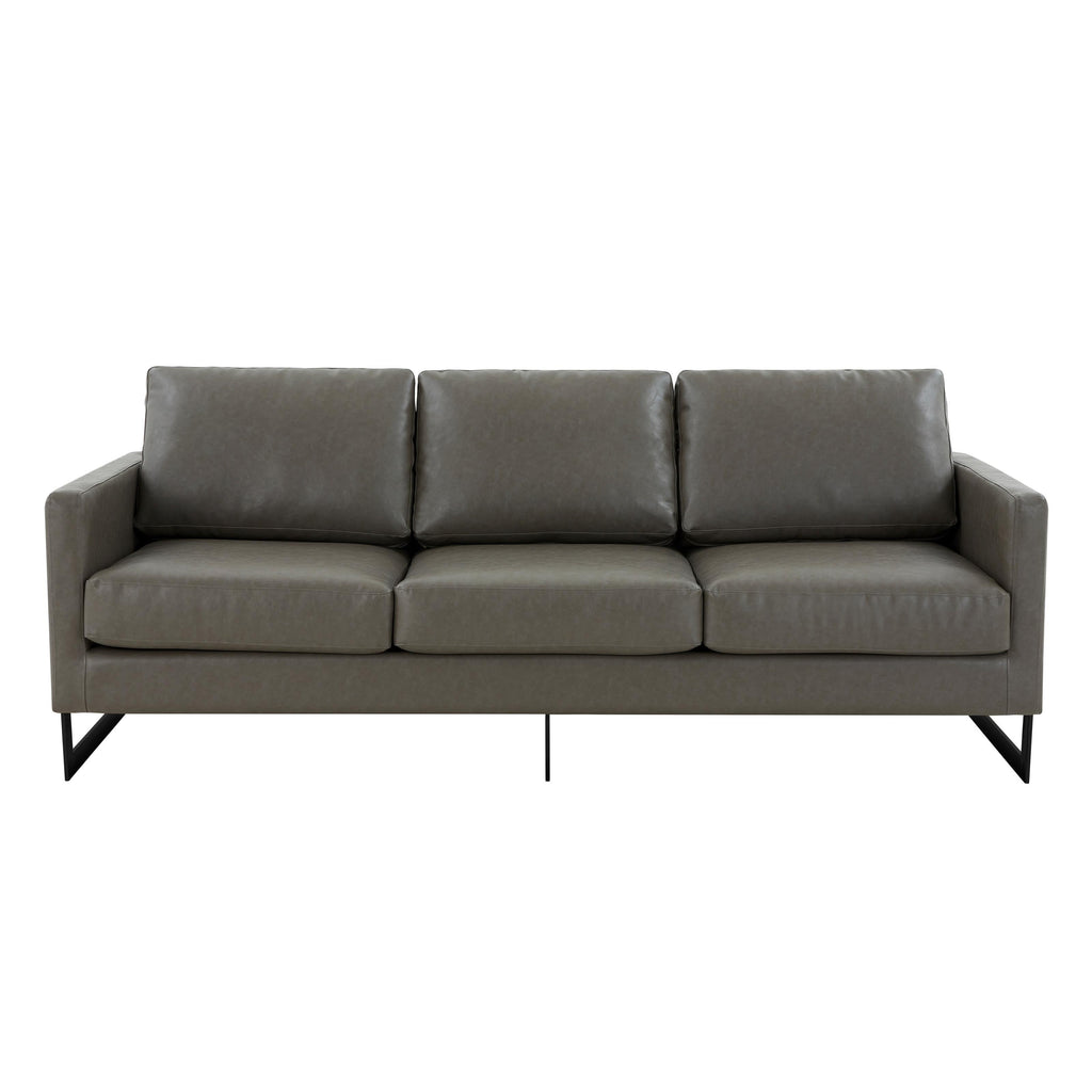 Canapé 3 places, style minimaliste, revêtement cuir, avec coussins amovibles, en acier inoxydable, pour salon ou chambre à coucher.