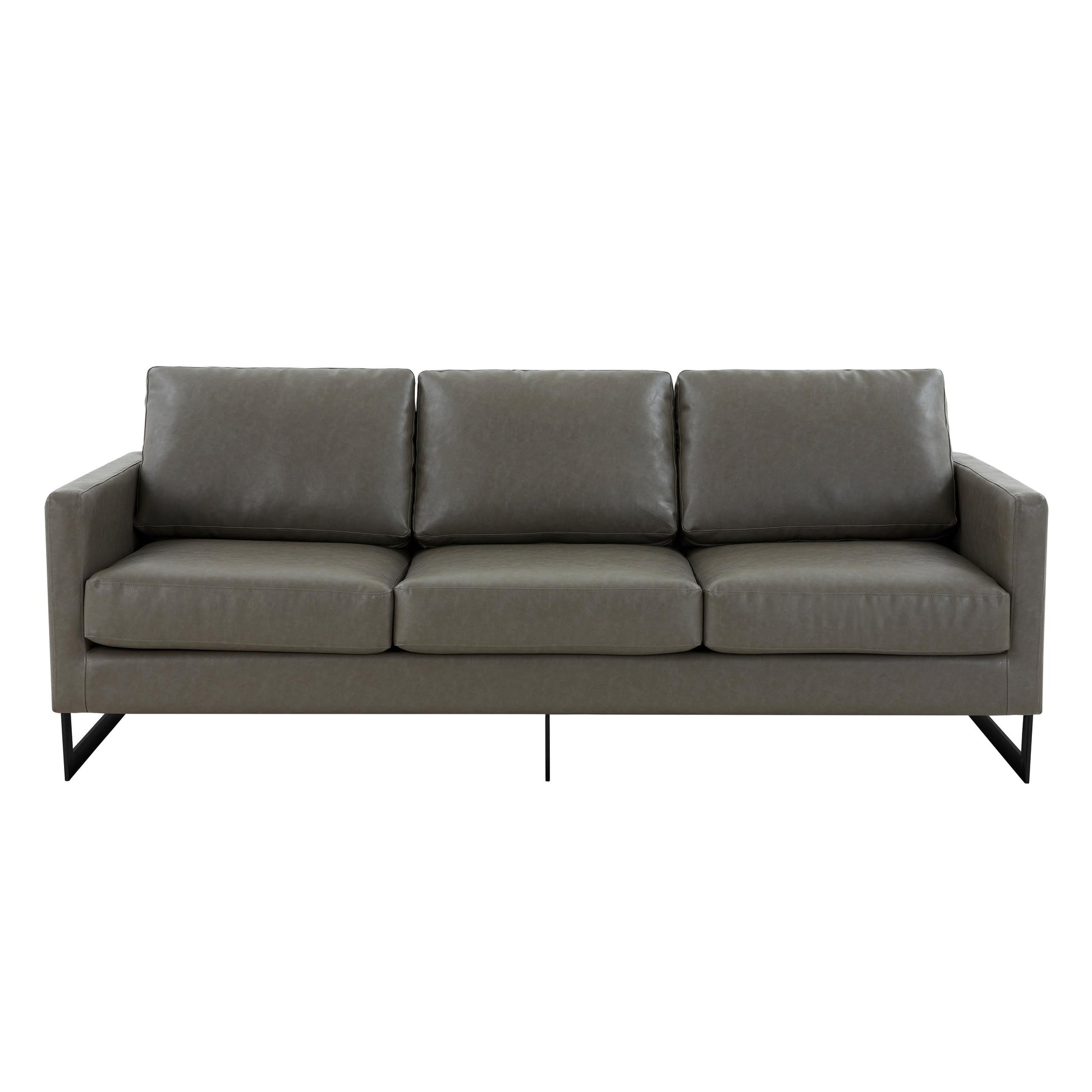 Canapé 3 places, style minimaliste, revêtement cuir, avec coussins amovibles, en acier inoxydable, pour salon ou chambre à coucher.
