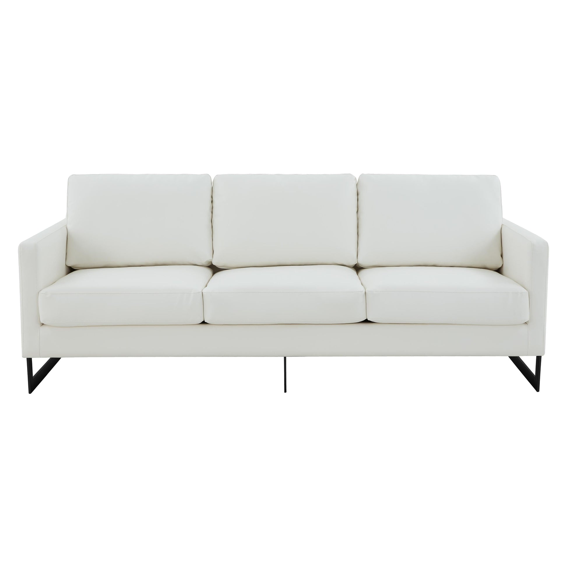 Canapé 3 places, style minimaliste, revêtement cuir, avec coussins amovibles, en acier inoxydable, pour salon ou chambre à coucher.