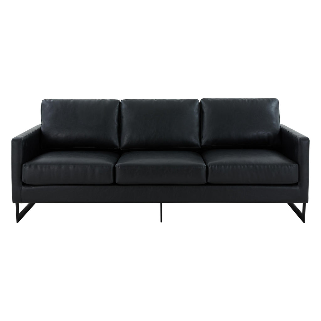 Canapé 3 places, style minimaliste, revêtement cuir, avec coussins amovibles, en acier inoxydable, pour salon ou chambre à coucher.
