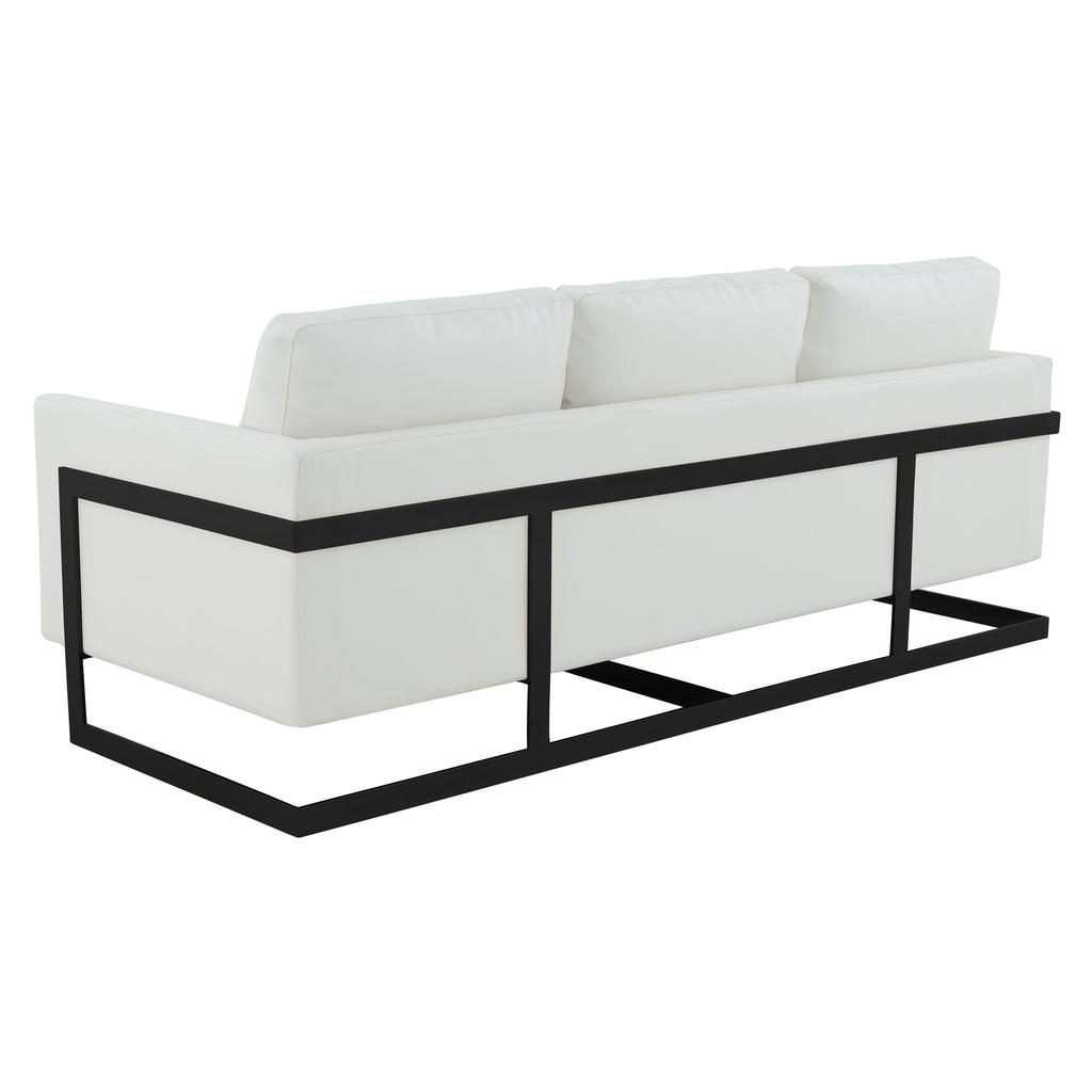 Canapé 3 places, style minimaliste, revêtement cuir, avec coussins amovibles, en acier inoxydable, pour salon ou chambre à coucher.