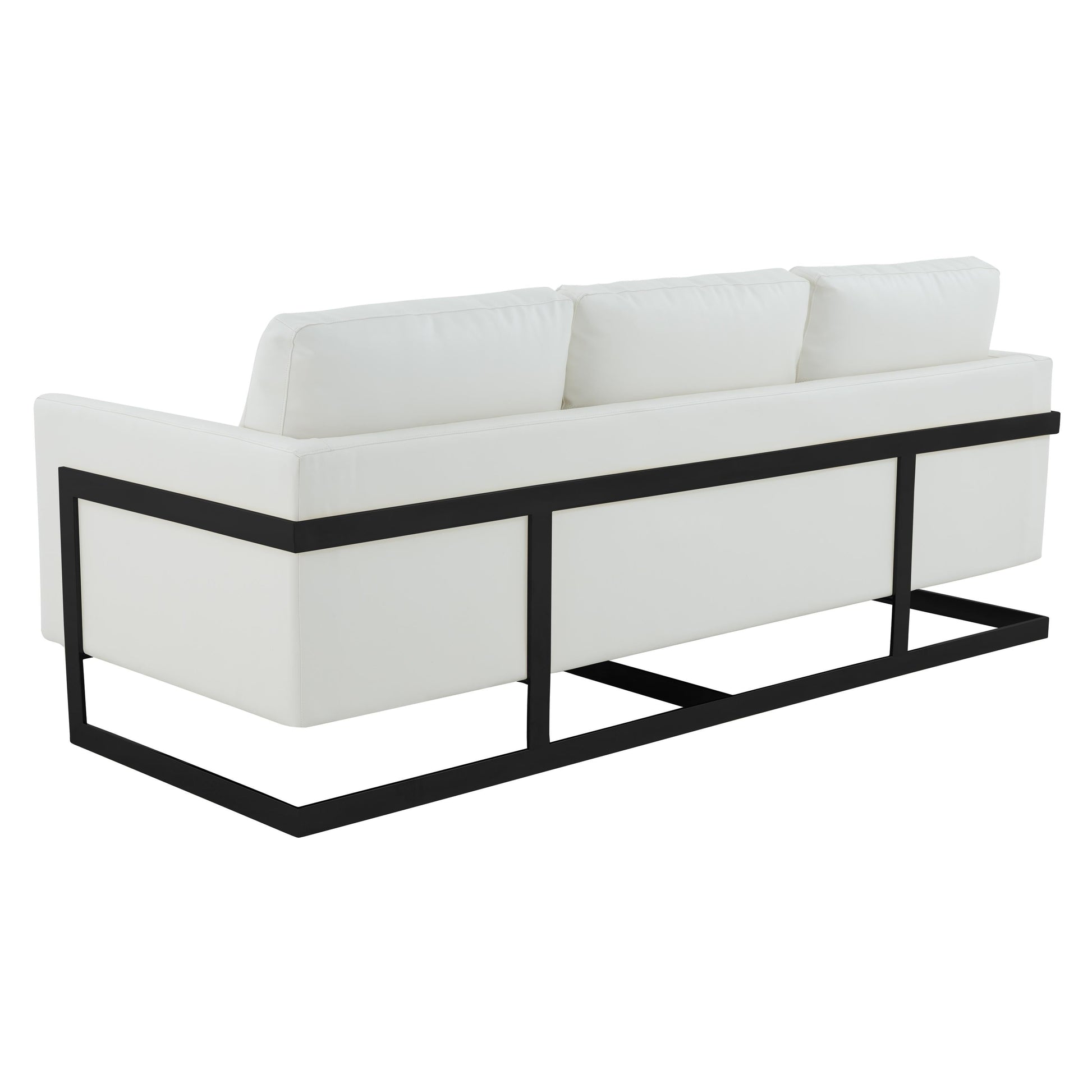 Canapé 3 places, style minimaliste, revêtement cuir, avec coussins amovibles, en acier inoxydable, pour salon ou chambre à coucher.