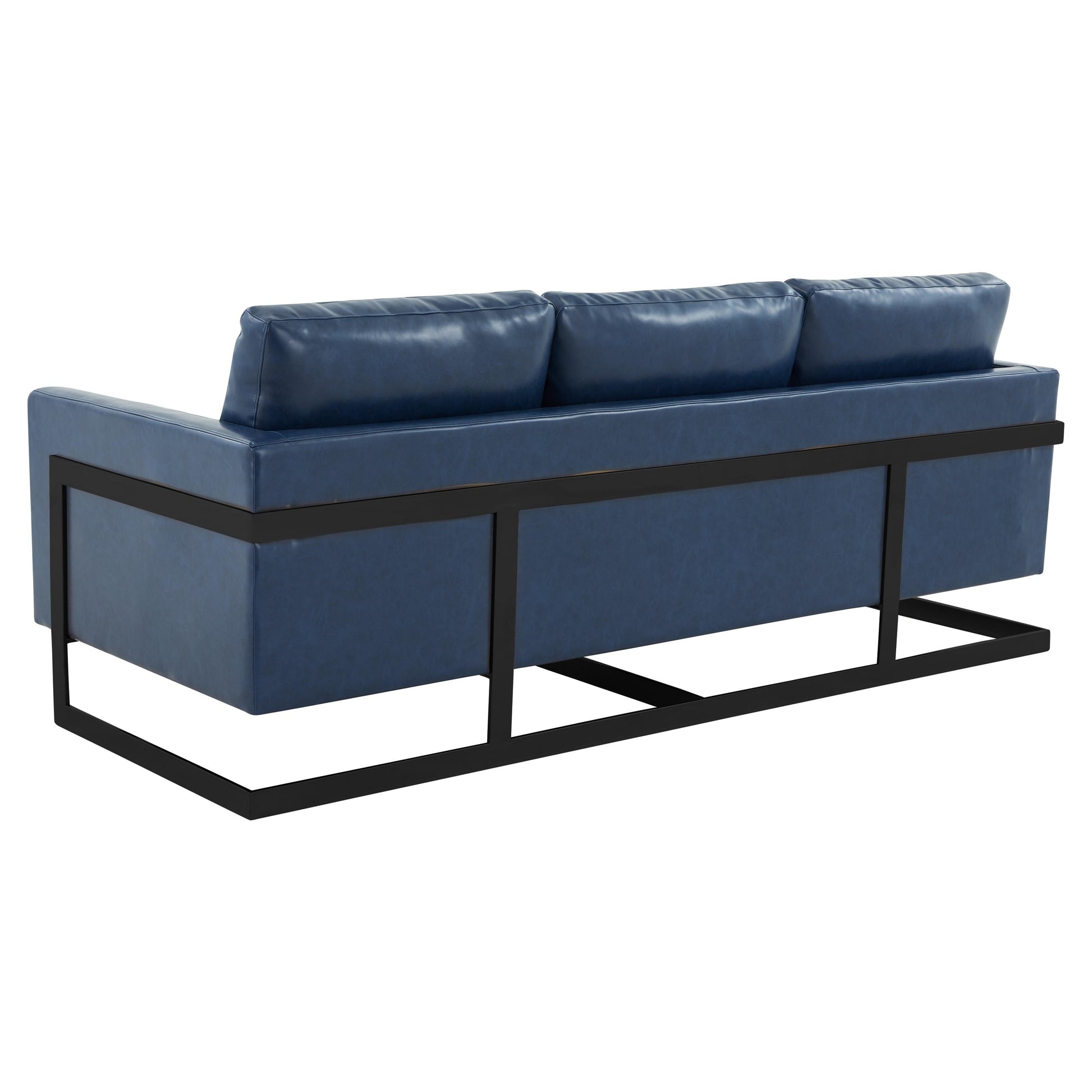 Canapé 3 places, style minimaliste, revêtement cuir, avec coussins amovibles, en acier inoxydable, pour salon ou chambre à coucher.