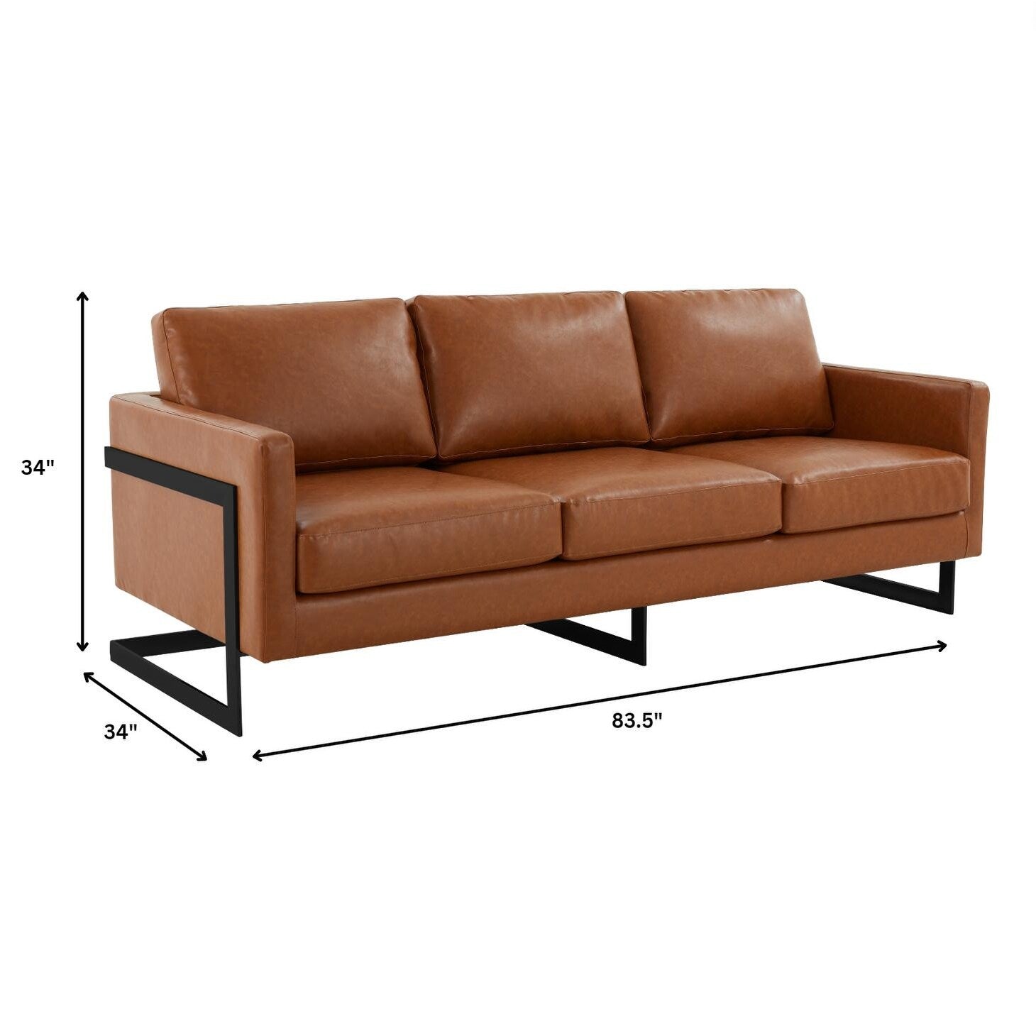 Canapé 3 places, style minimaliste, revêtement cuir, avec coussins amovibles, en acier inoxydable, pour salon ou chambre à coucher.