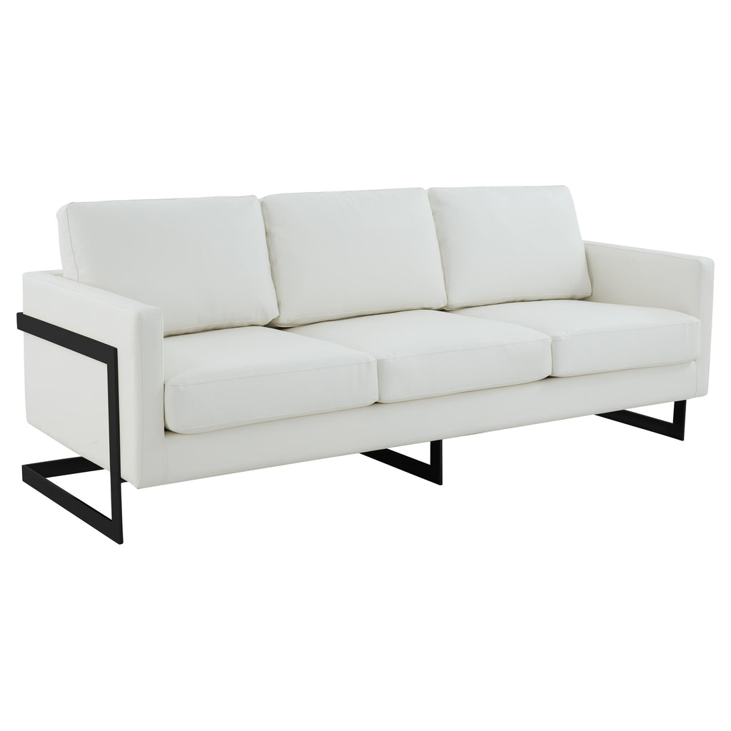 Canapé 3 places, style minimaliste, revêtement cuir, avec coussins amovibles, en acier inoxydable, pour salon ou chambre à coucher.