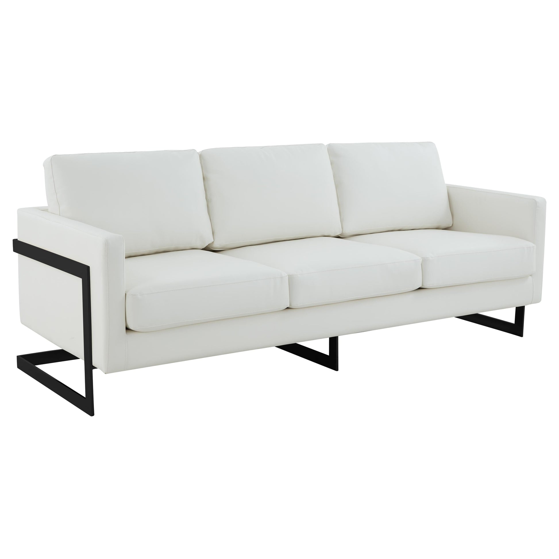 Canapé 3 places, style minimaliste, revêtement cuir, avec coussins amovibles, en acier inoxydable, pour salon ou chambre à coucher.