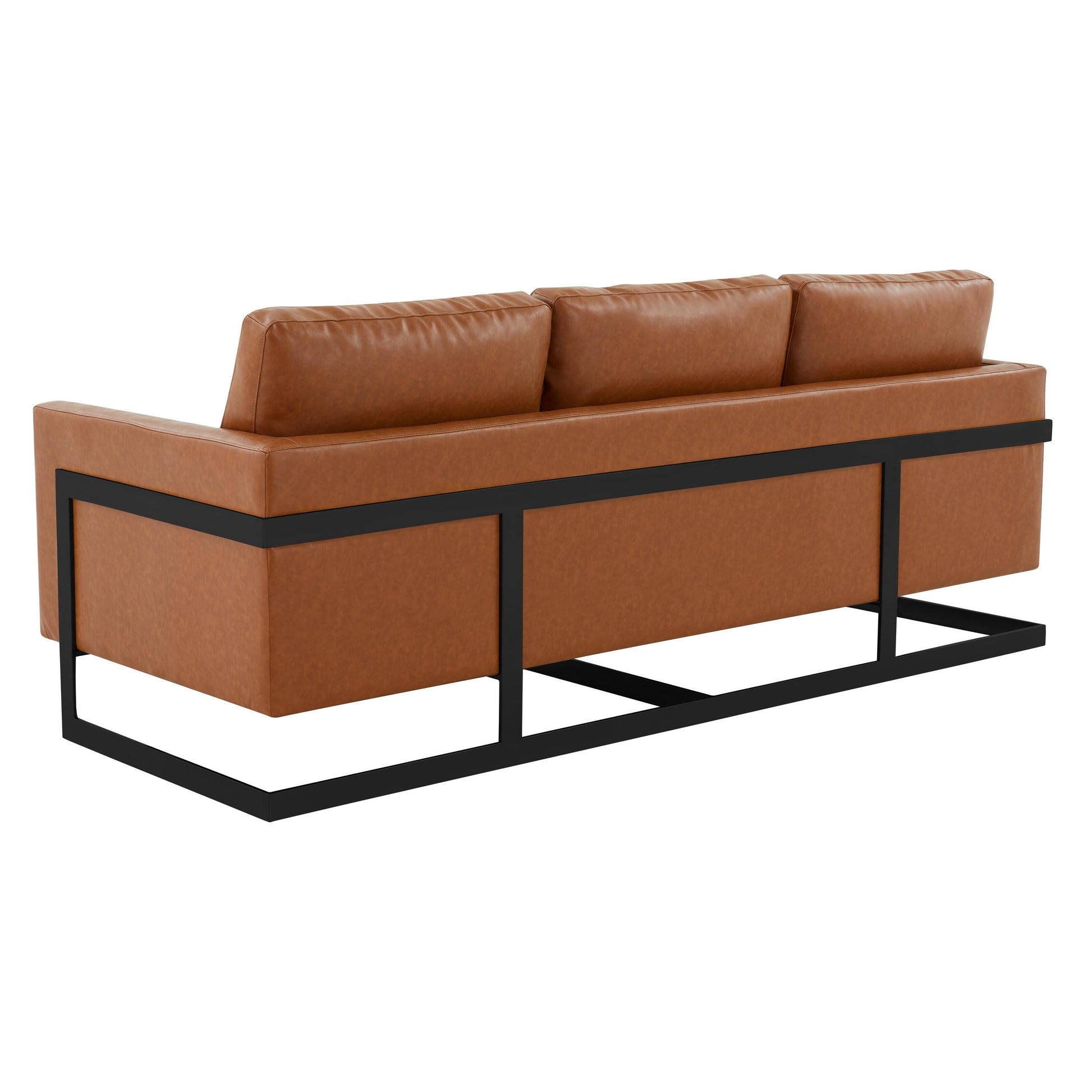 Canapé 3 places, style minimaliste, revêtement cuir, avec coussins amovibles, en acier inoxydable, pour salon ou chambre à coucher.