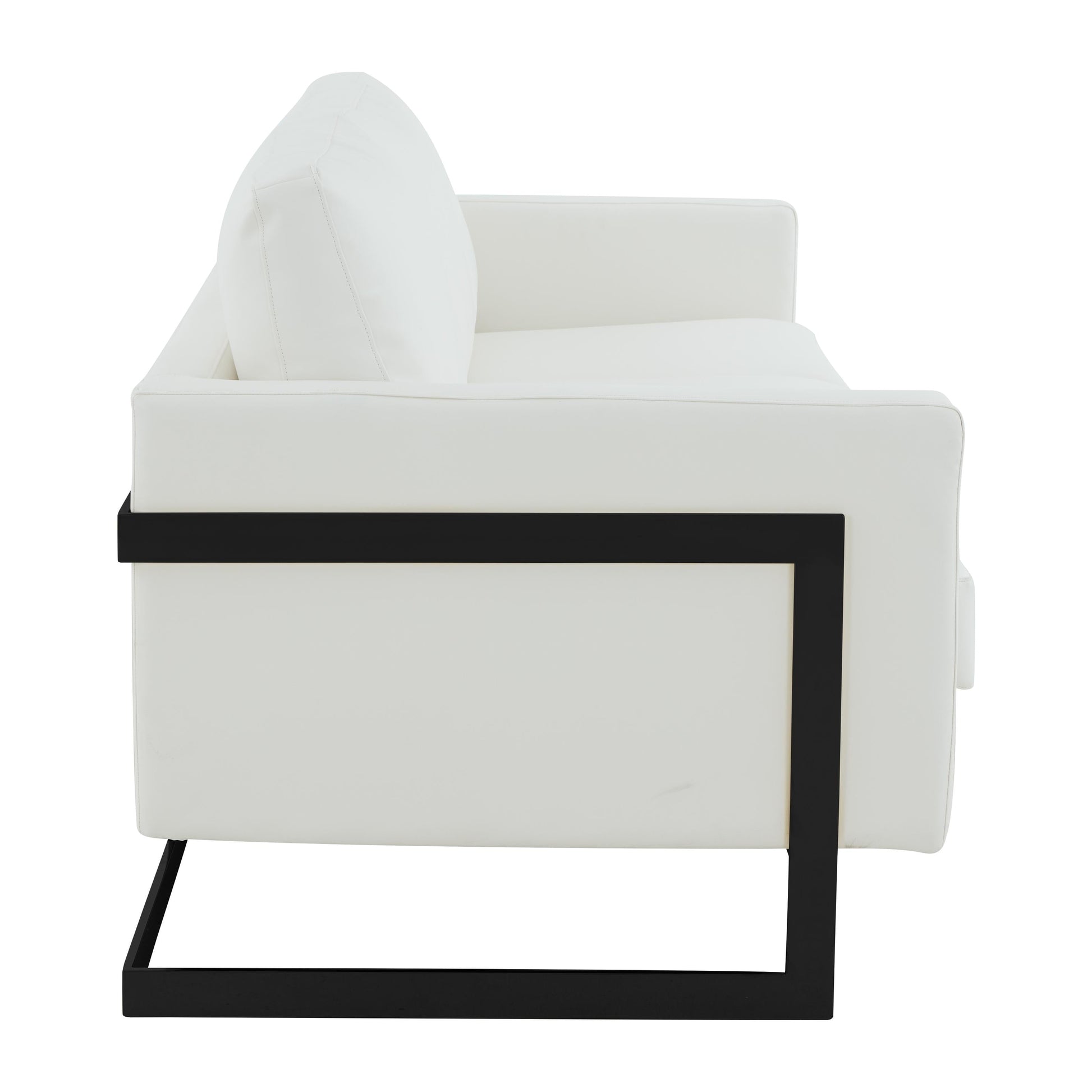 Canapé 3 places, style minimaliste, revêtement cuir, avec coussins amovibles, en acier inoxydable, pour salon ou chambre à coucher.