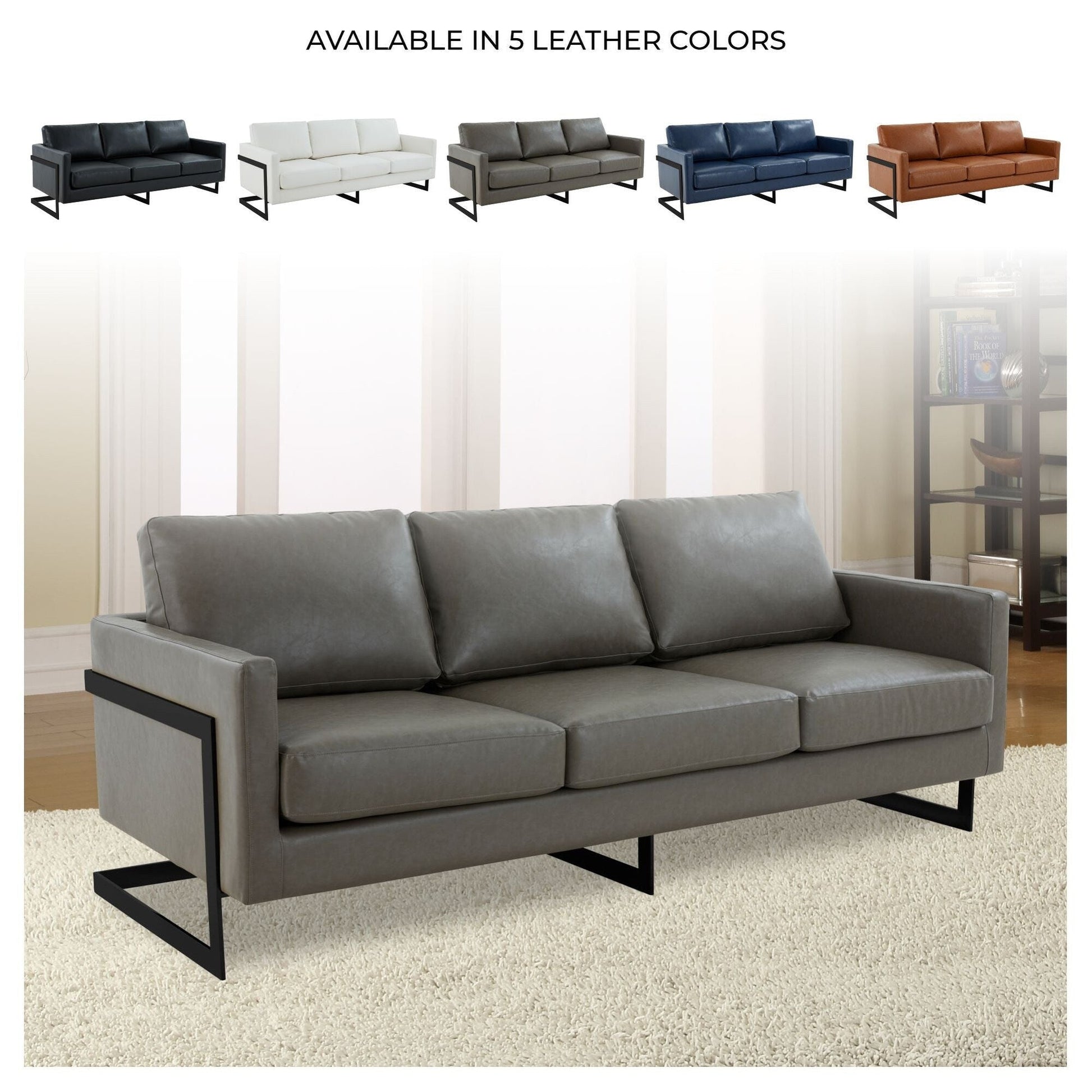 Canapé 3 places, style minimaliste, revêtement cuir, avec coussins amovibles, en acier inoxydable, pour salon ou chambre à coucher.