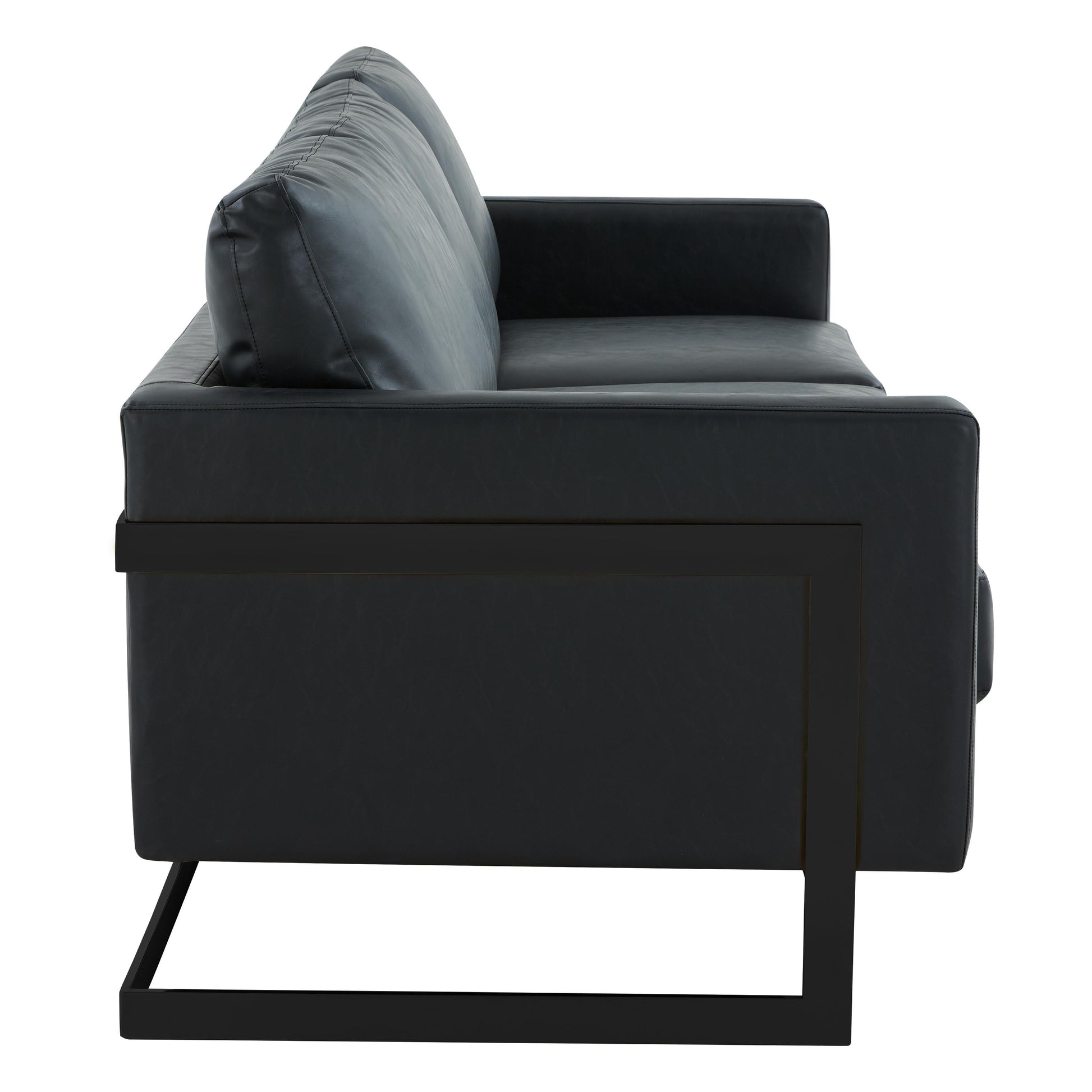 Canapé 3 places, style minimaliste, revêtement cuir, avec coussins amovibles, en acier inoxydable, pour salon ou chambre à coucher.