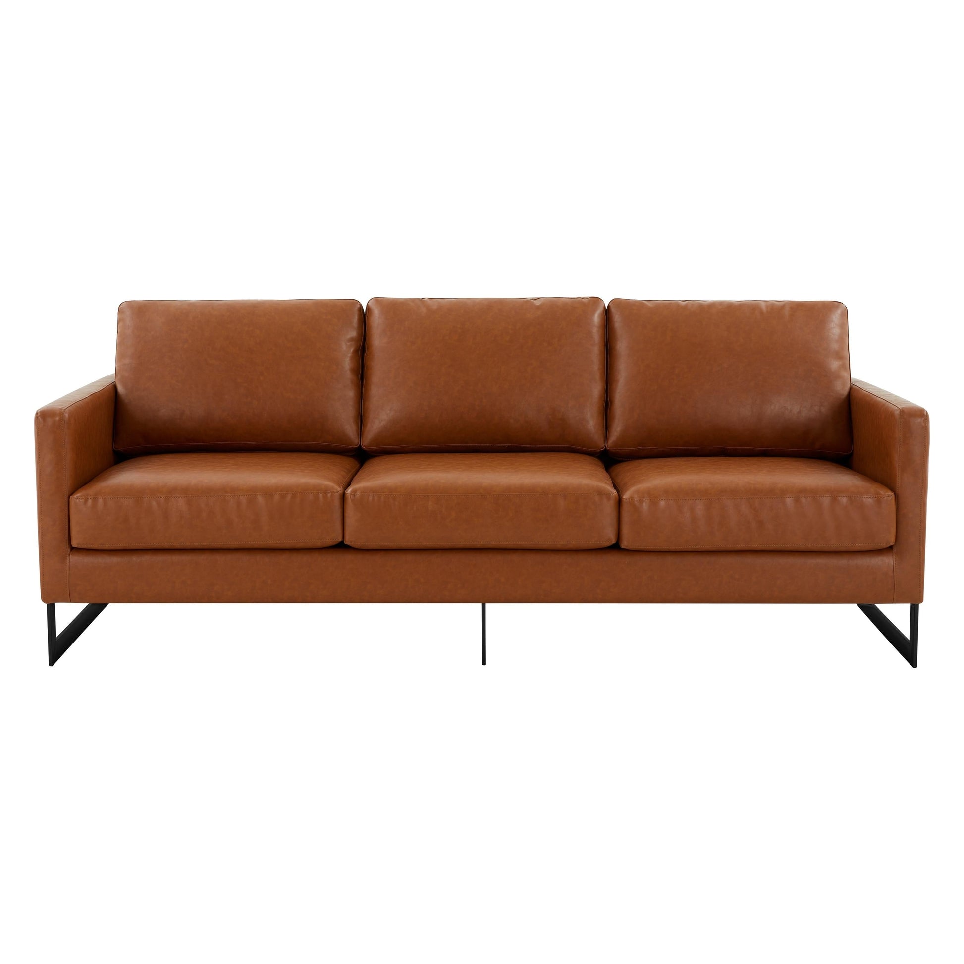 Canapé 3 places, style minimaliste, revêtement cuir, avec coussins amovibles, en acier inoxydable, pour salon ou chambre à coucher.