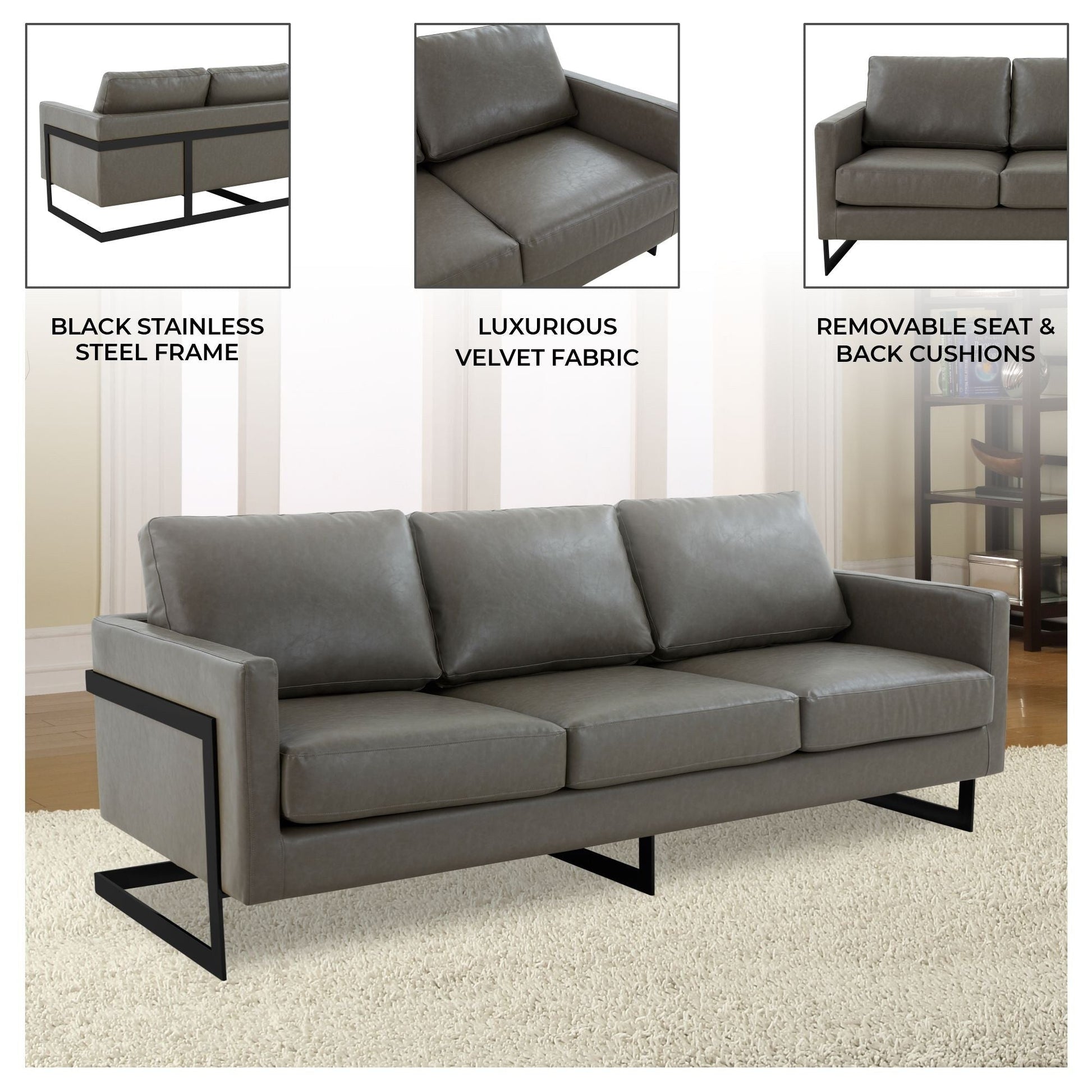 Canapé 3 places, style minimaliste, revêtement cuir, avec coussins amovibles, en acier inoxydable, pour salon ou chambre à coucher.