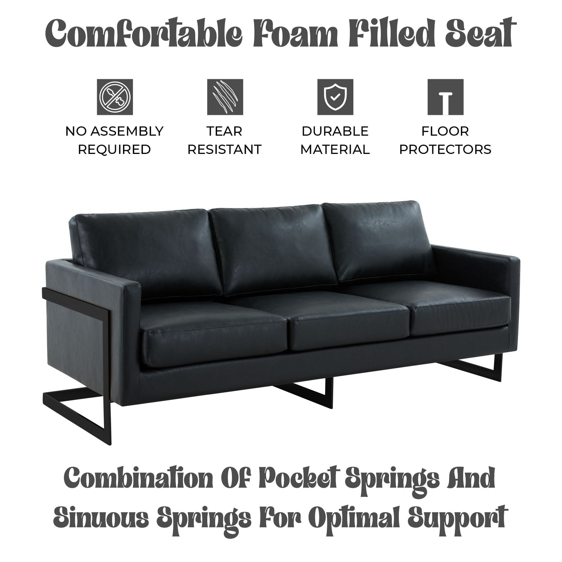 Canapé 3 places, style minimaliste, revêtement cuir, avec coussins amovibles, en acier inoxydable, pour salon ou chambre à coucher.