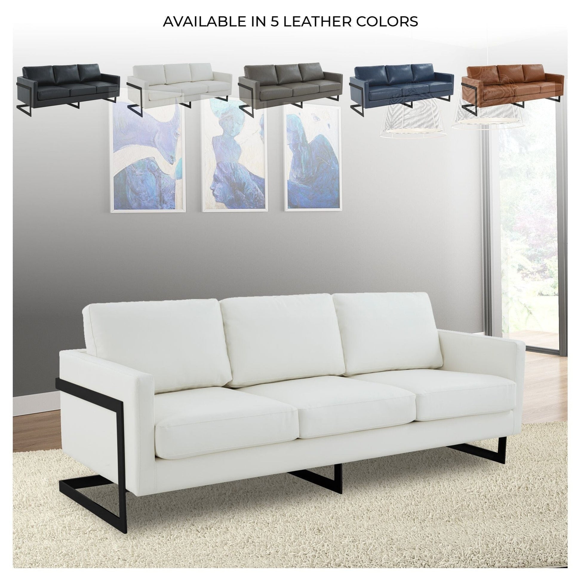 Canapé 3 places, style minimaliste, revêtement cuir, avec coussins amovibles, en acier inoxydable, pour salon ou chambre à coucher.