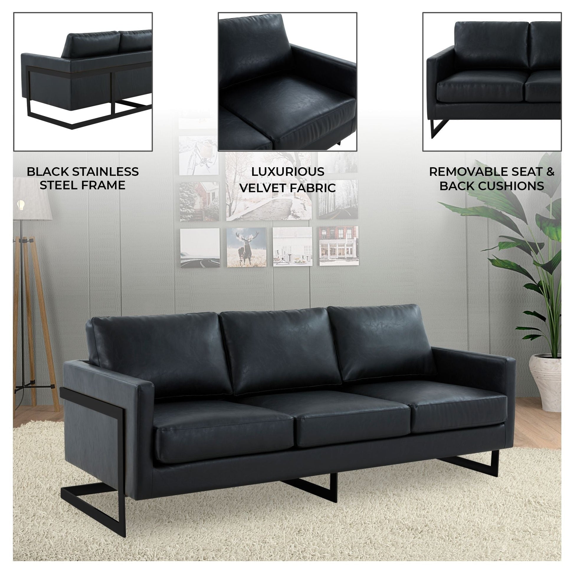 Canapé 3 places, style minimaliste, revêtement cuir, avec coussins amovibles, en acier inoxydable, pour salon ou chambre à coucher.