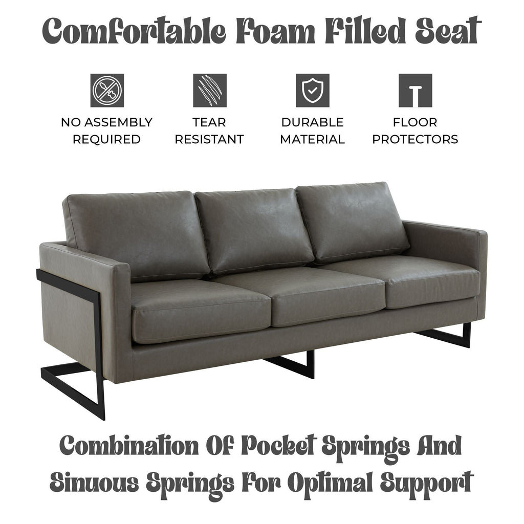 Canapé 3 places, style minimaliste, revêtement cuir, avec coussins amovibles, en acier inoxydable, pour salon ou chambre à coucher.