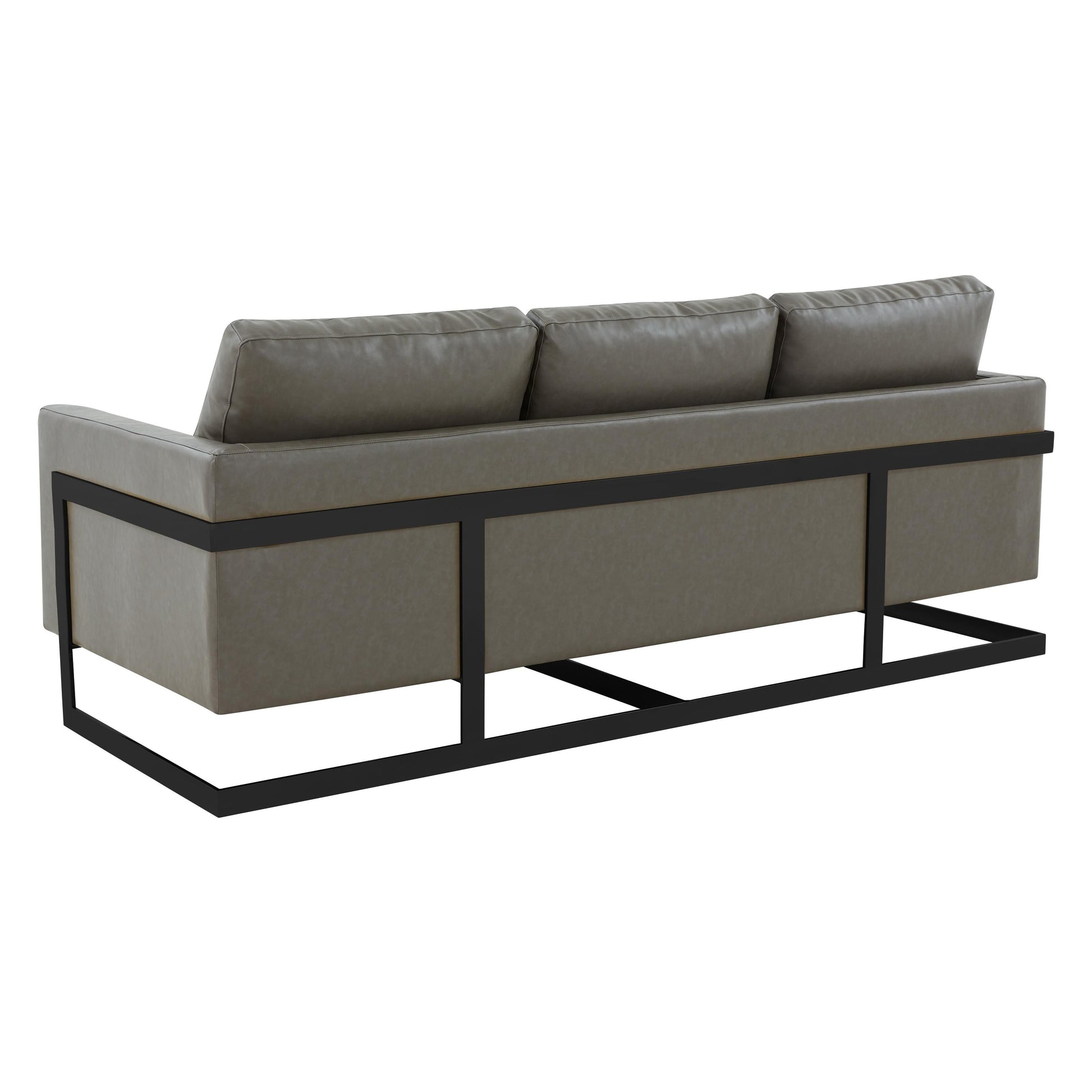 Canapé 3 places, style minimaliste, revêtement cuir, avec coussins amovibles, en acier inoxydable, pour salon ou chambre à coucher.