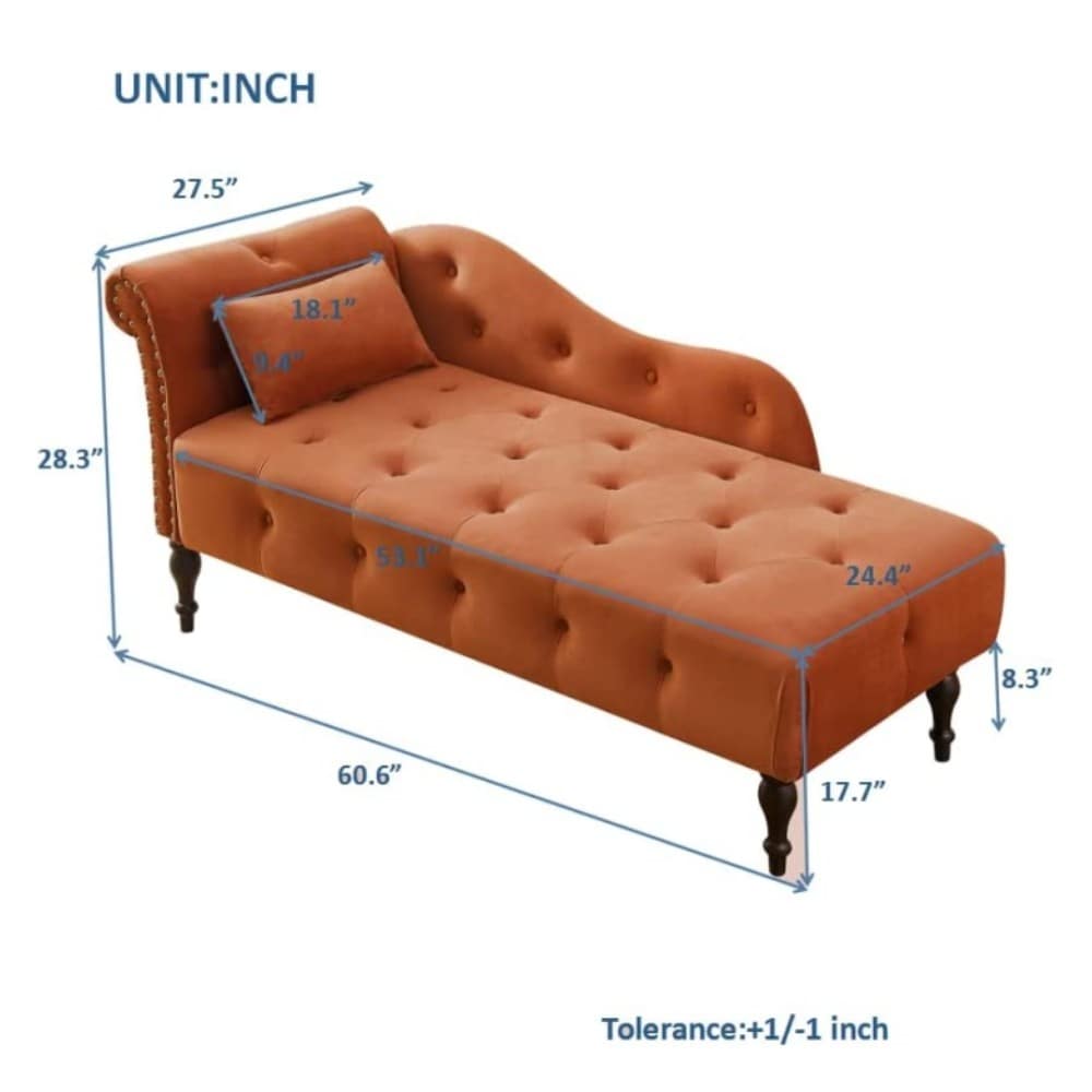 Chaise longue en velours 61 avec 1 coussin et garniture à clous cloutés
