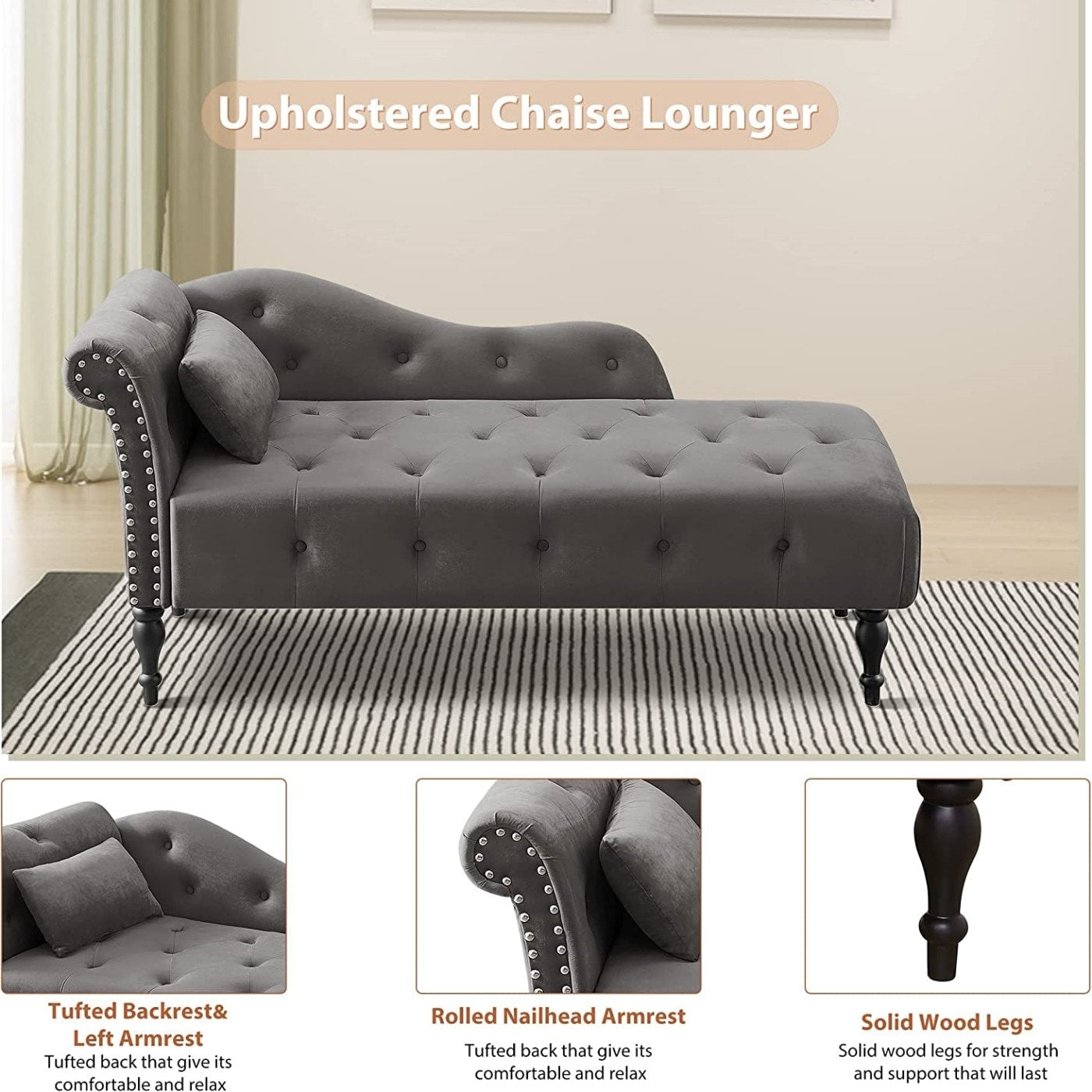 Chaise longue en velours 61 avec 1 coussin et garniture à clous cloutés