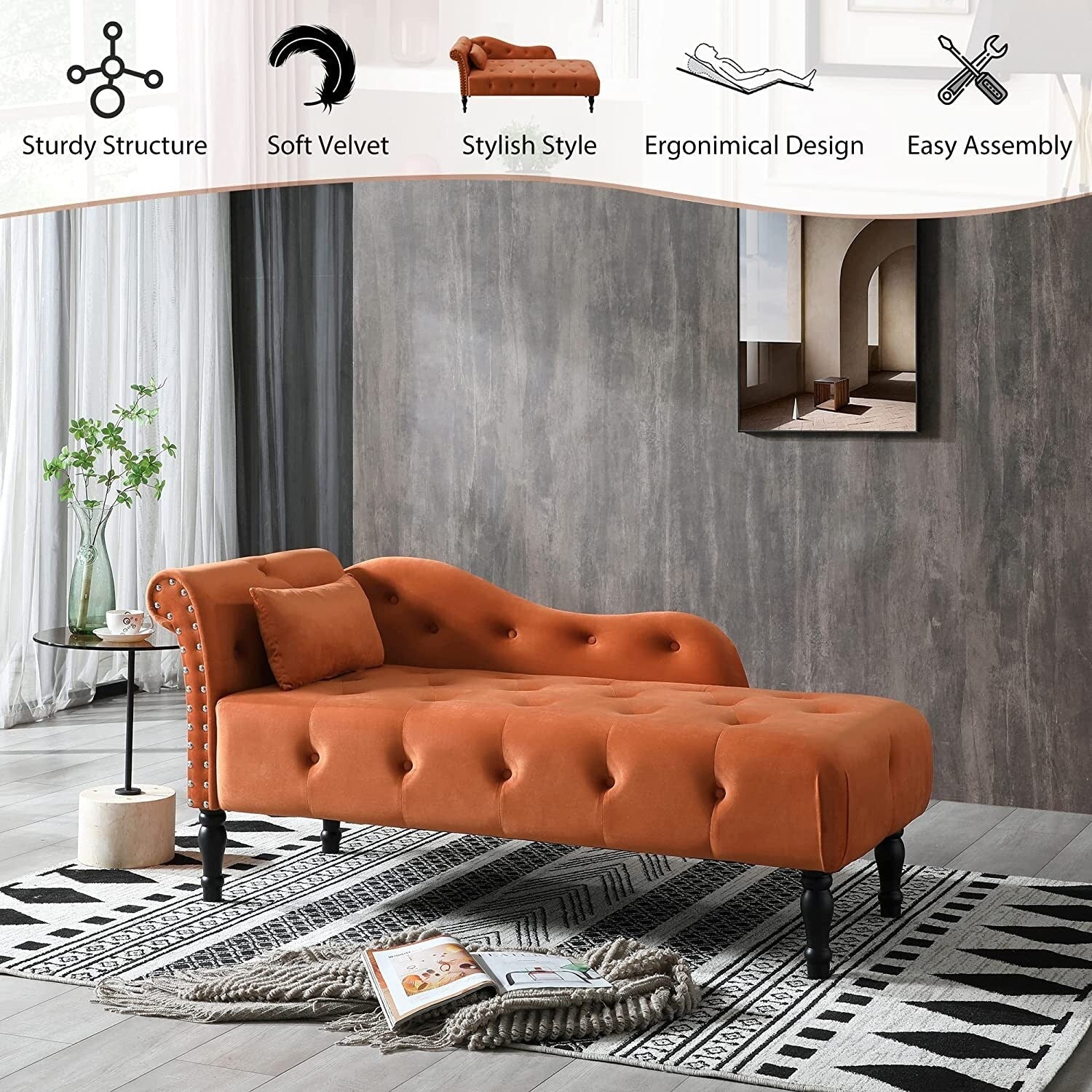 Chaise longue en velours 61 avec 1 coussin et garniture à clous cloutés