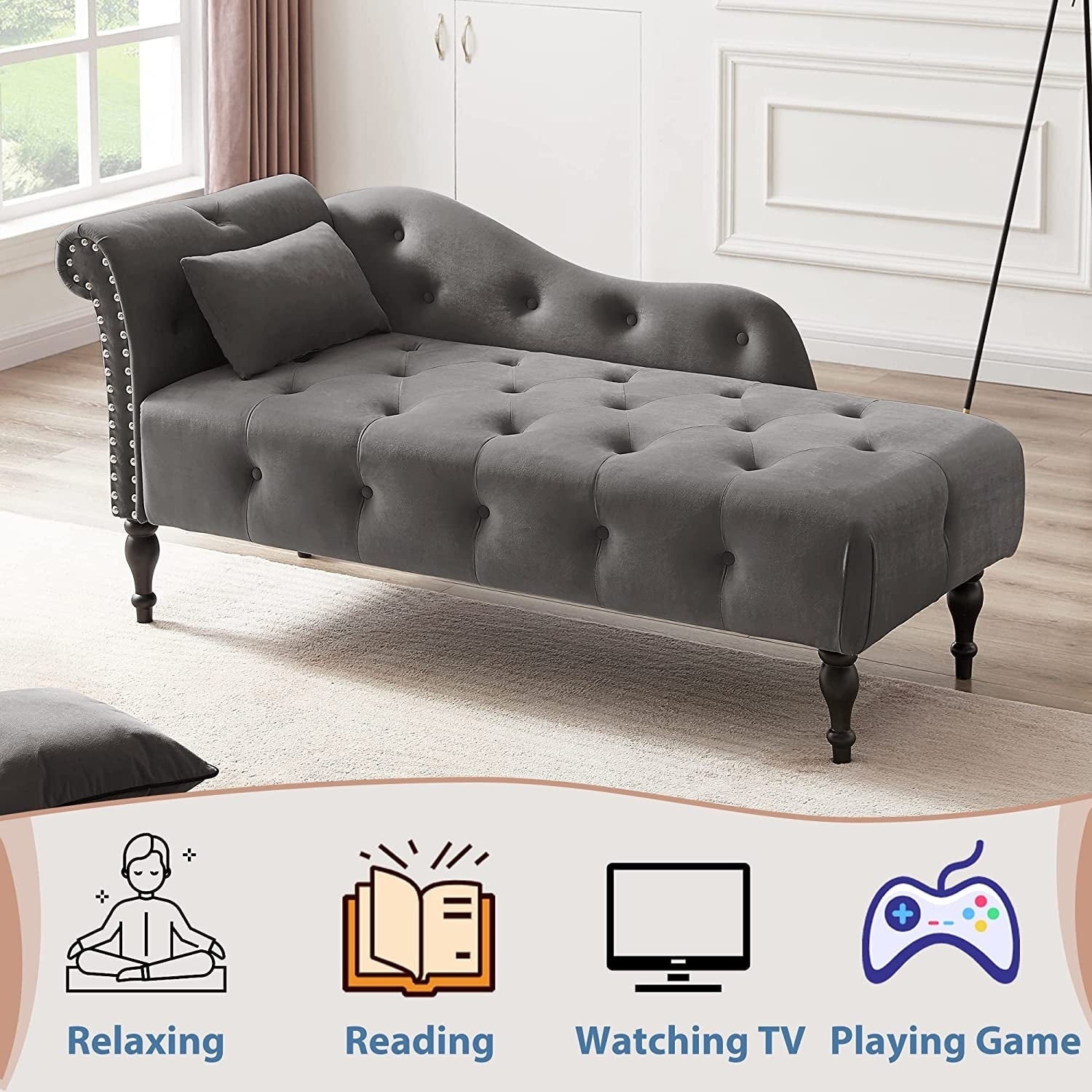 Chaise longue en velours 61 avec 1 coussin et garniture à clous cloutés