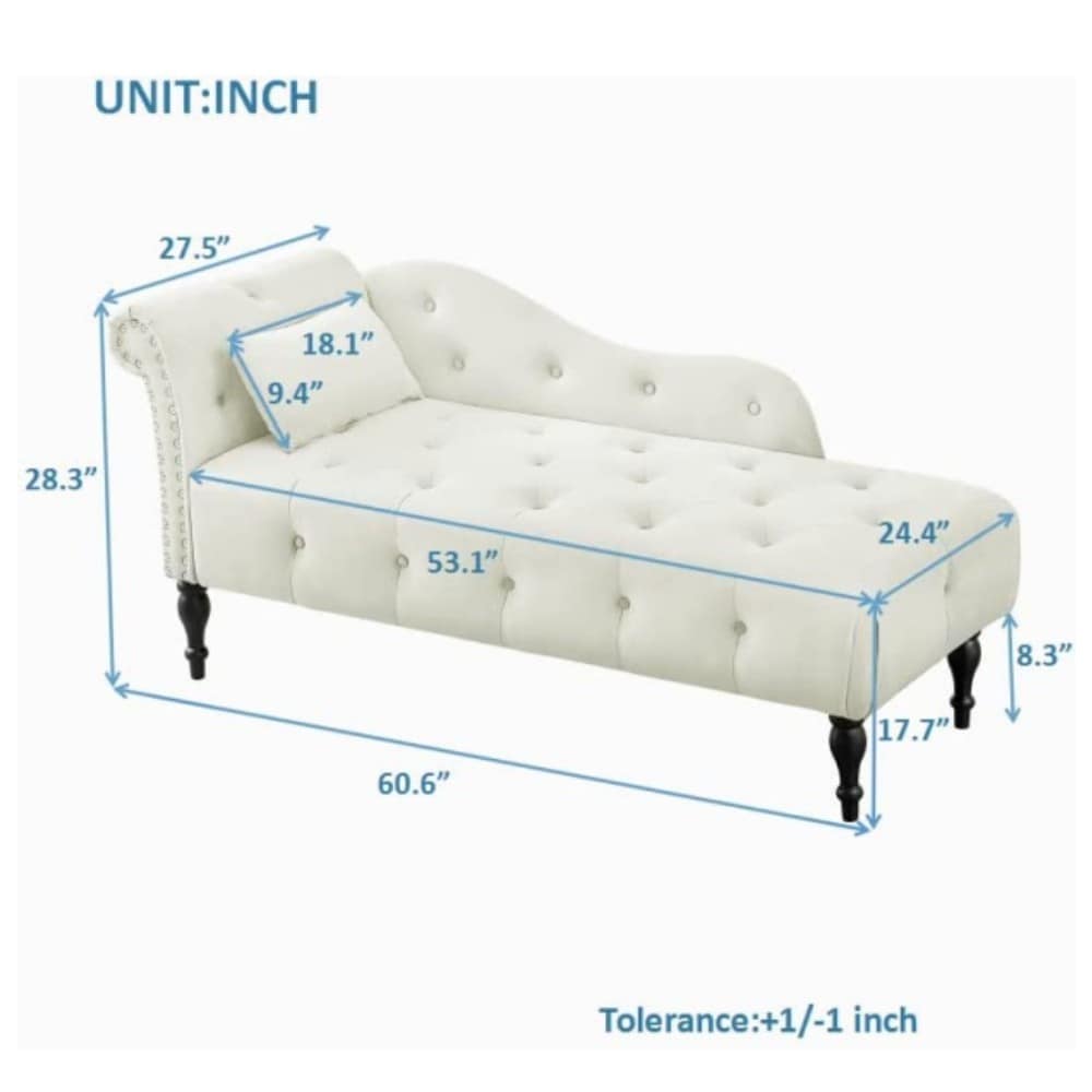 Chaise longue en velours 61 avec 1 coussin et garniture à clous cloutés