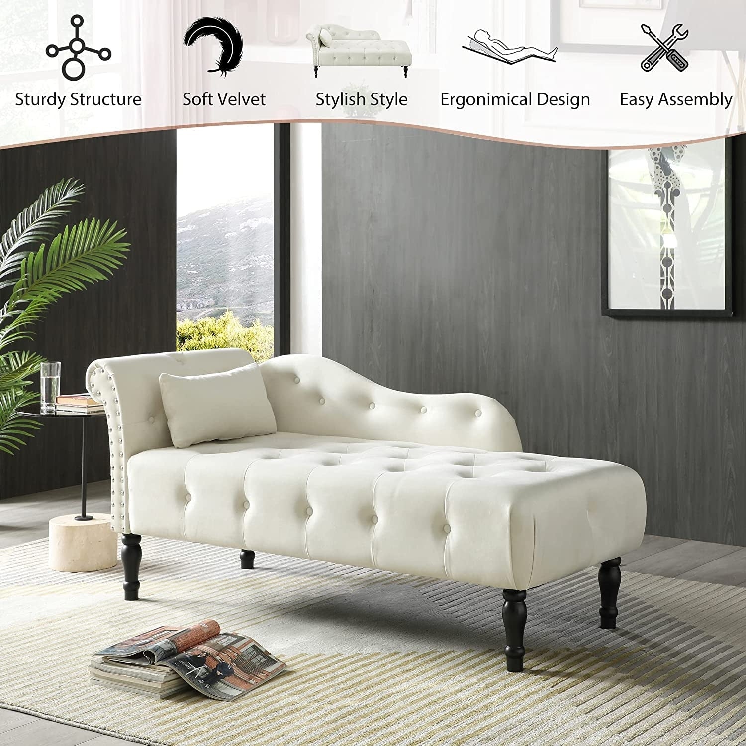 Chaise longue en velours 61 avec 1 coussin et garniture à clous cloutés