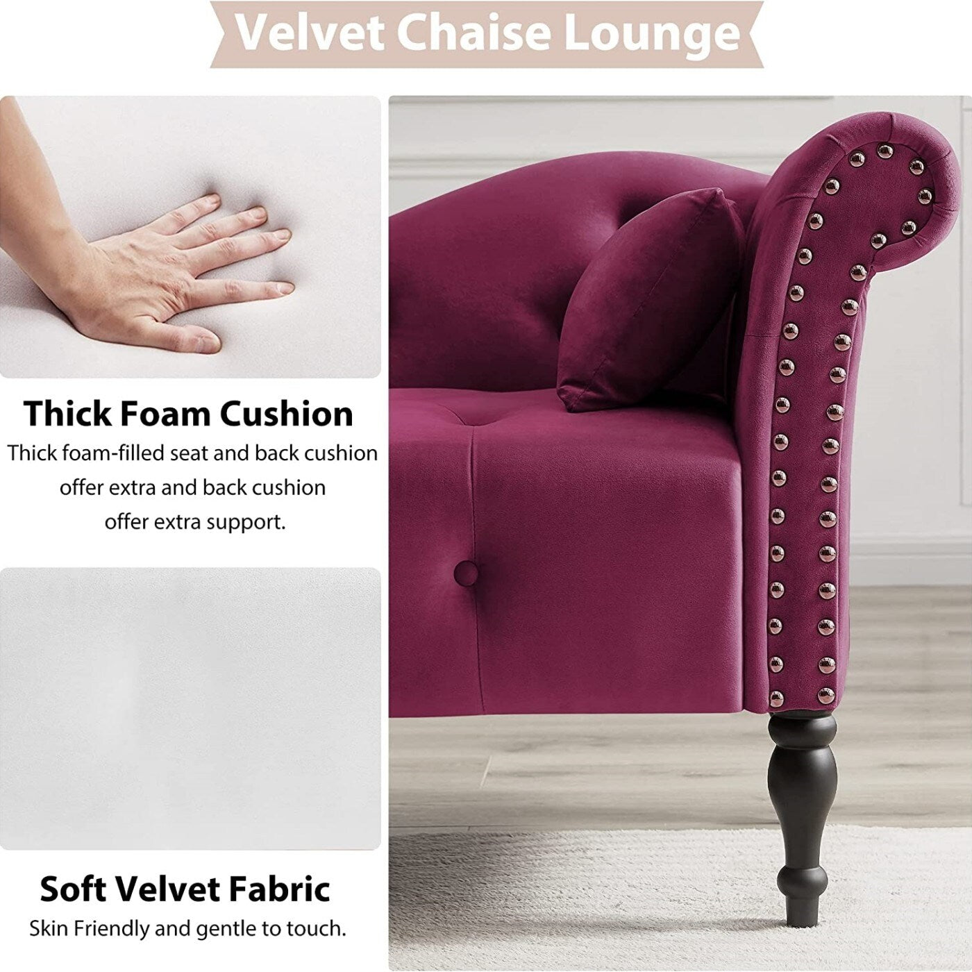 Chaise longue en velours 61 avec 1 coussin et garniture à clous cloutés