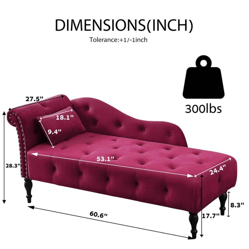 Chaise longue en velours 61 avec 1 coussin et garniture à clous cloutés