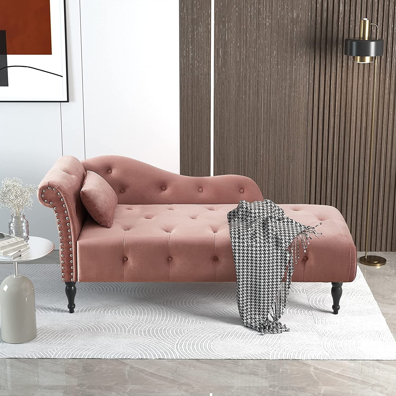 Chaise longue en velours 61 avec 1 coussin et garniture à clous cloutés