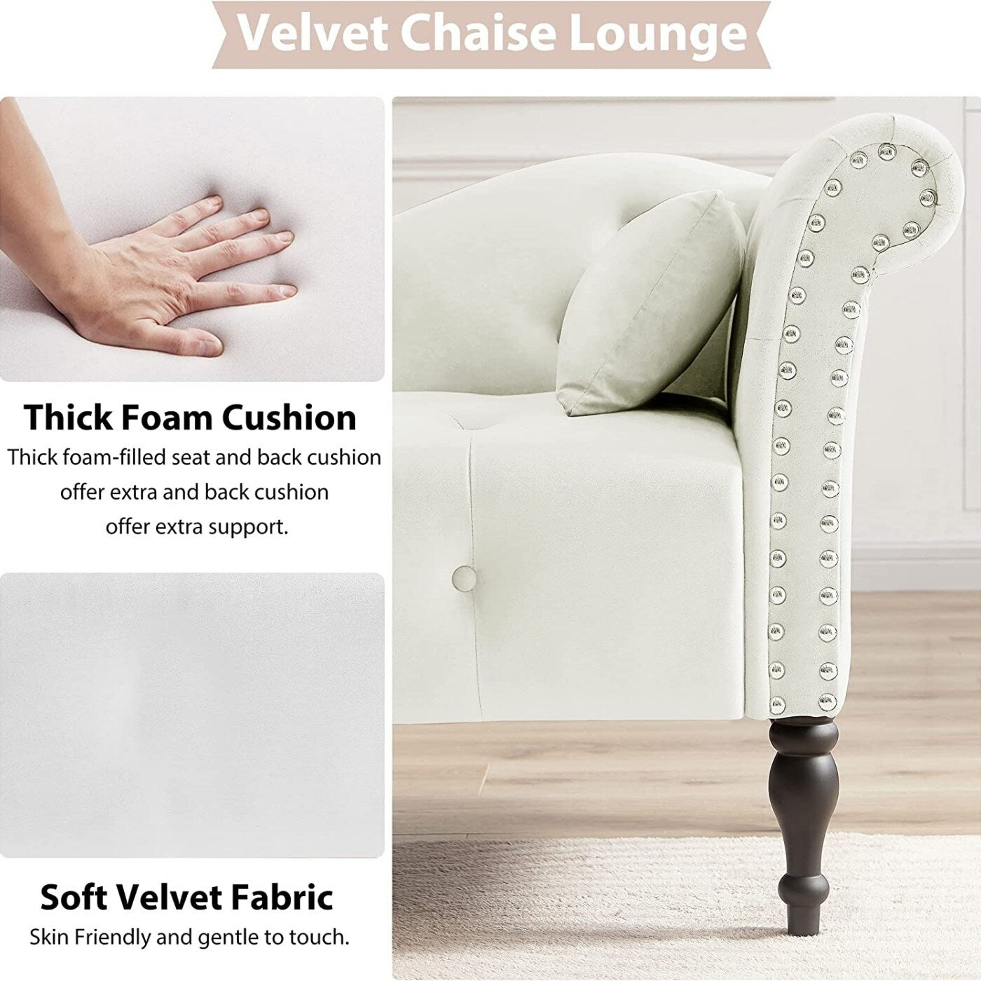 Chaise longue en velours 61 avec 1 coussin et garniture à clous cloutés
