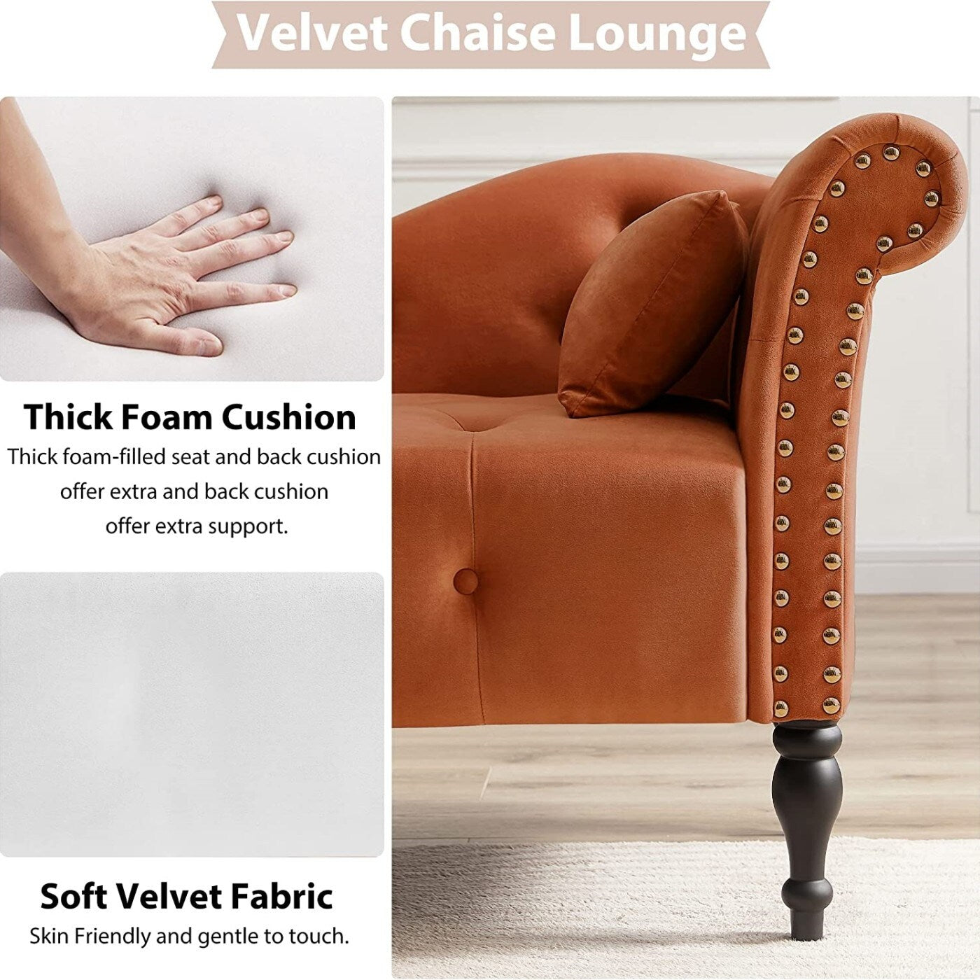 Chaise longue en velours 61 avec 1 coussin et garniture à clous cloutés