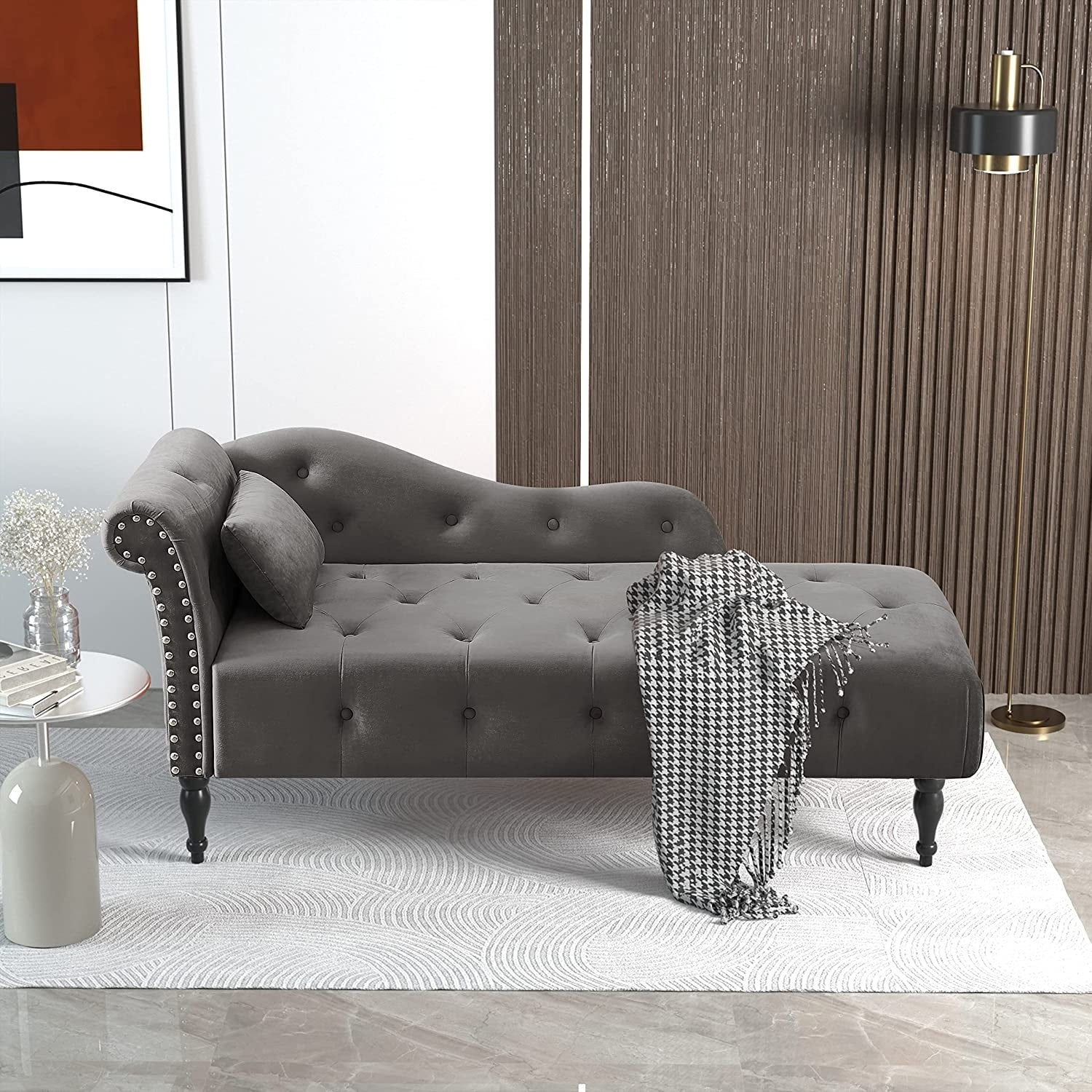 Chaise longue en velours 61 avec 1 coussin et garniture à clous cloutés