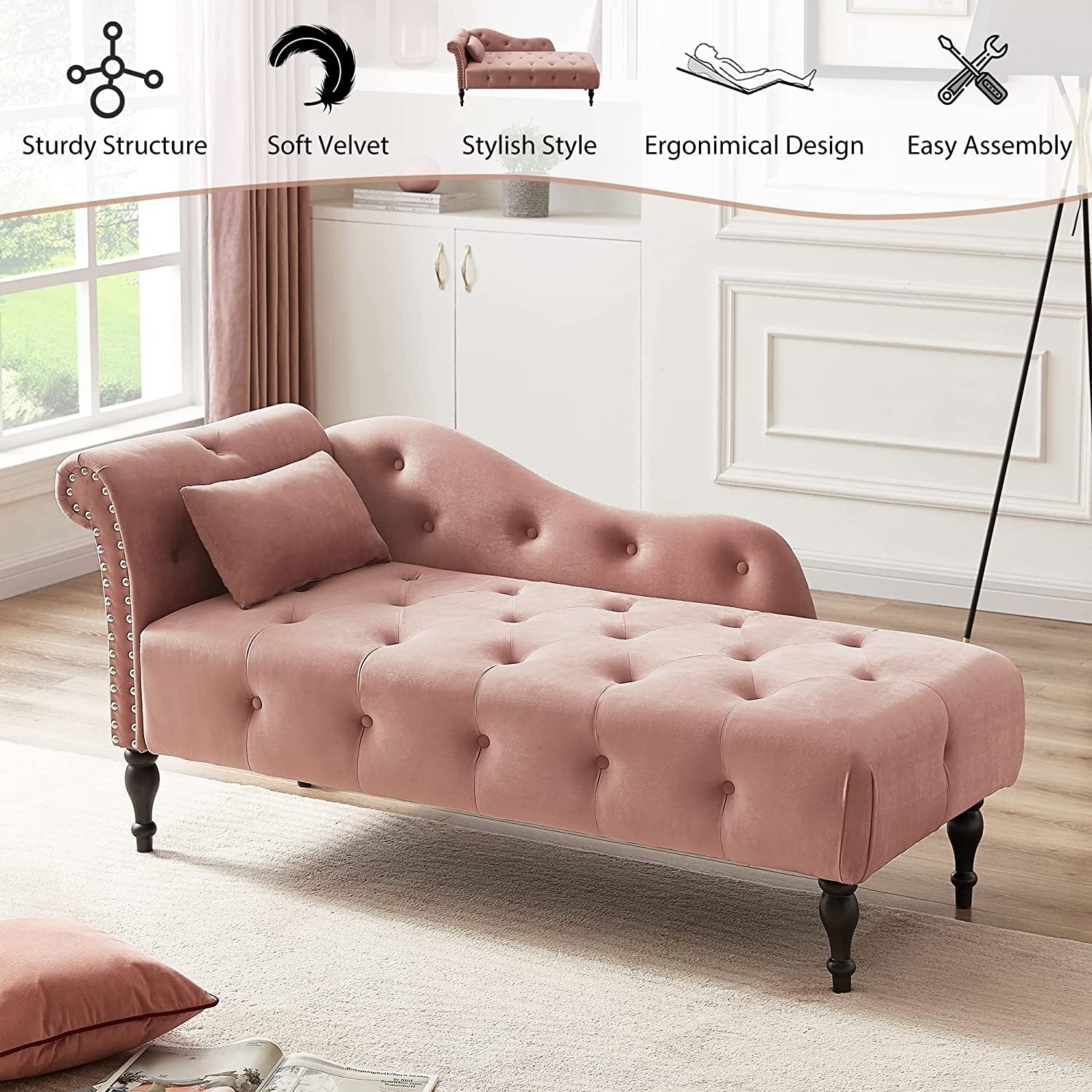 Chaise longue en velours 61 avec 1 coussin et garniture à clous cloutés