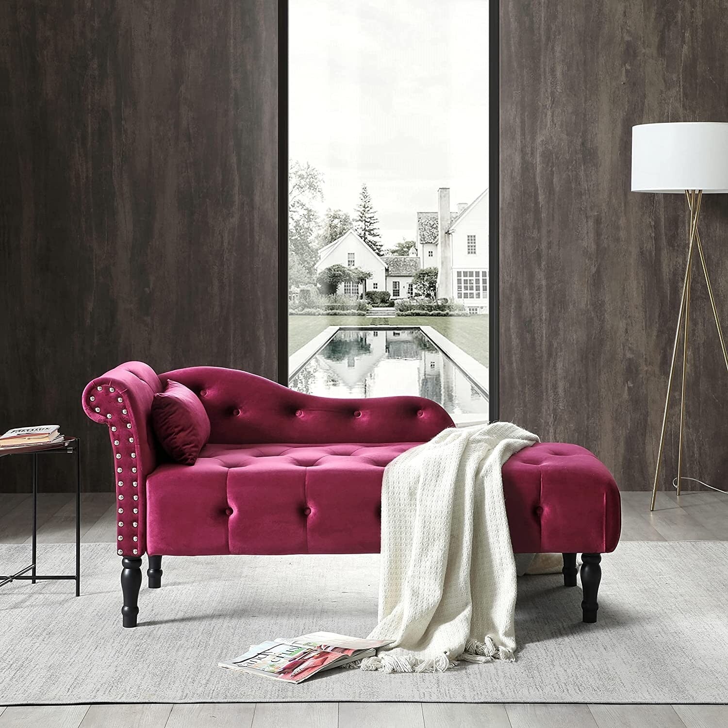 Chaise longue en velours 61 avec 1 coussin et garniture à clous cloutés