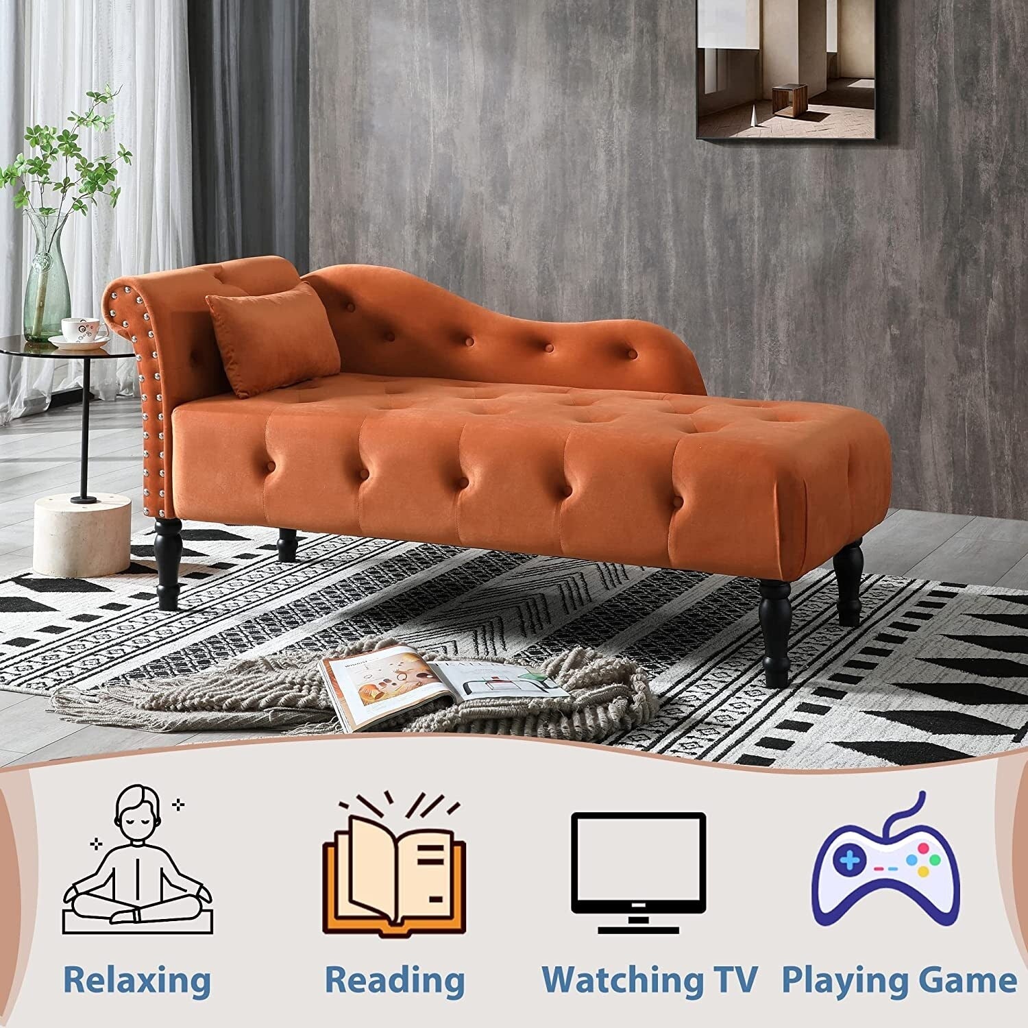 Chaise longue en velours 61 avec 1 coussin et garniture à clous cloutés