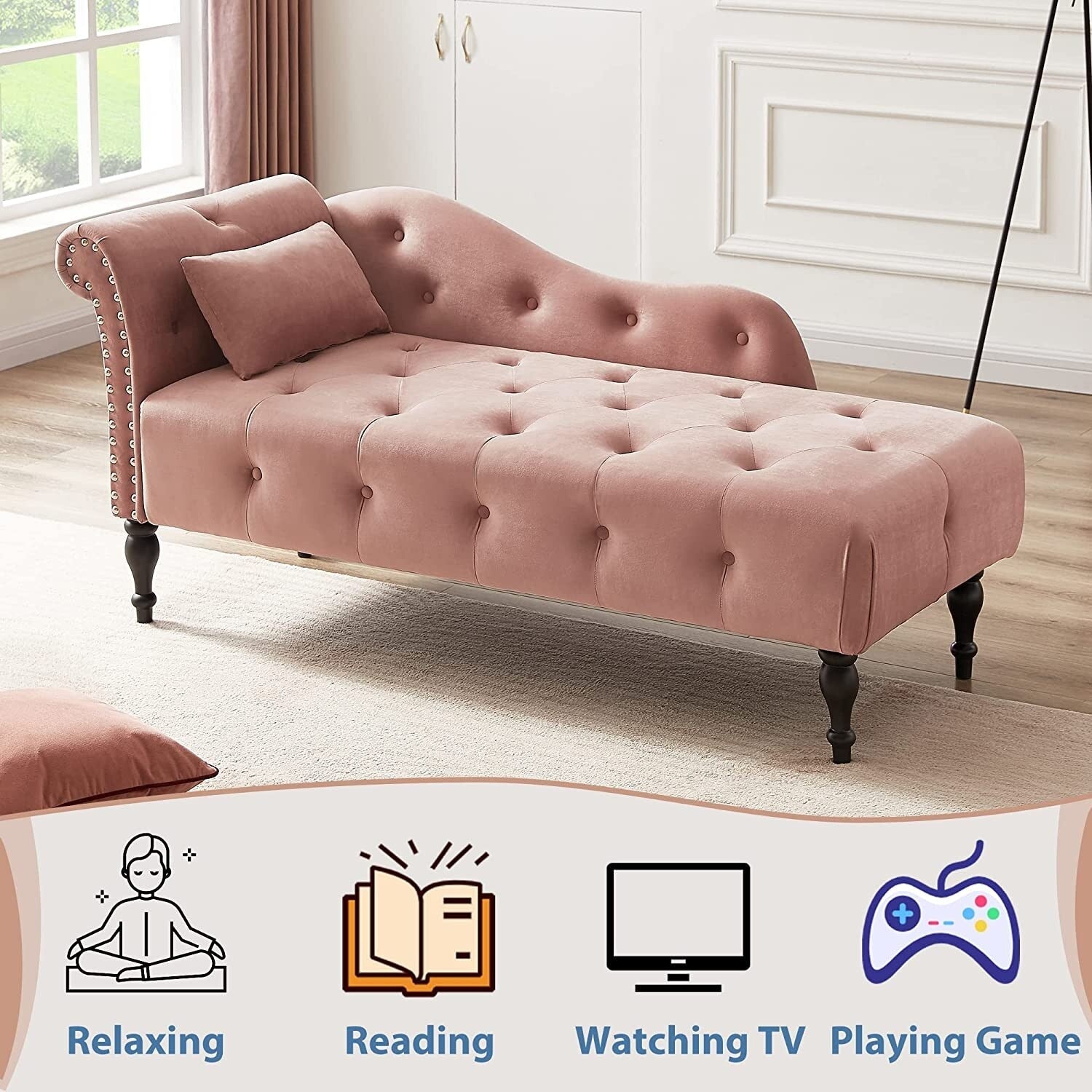 Chaise longue en velours 61 avec 1 coussin et garniture à clous cloutés