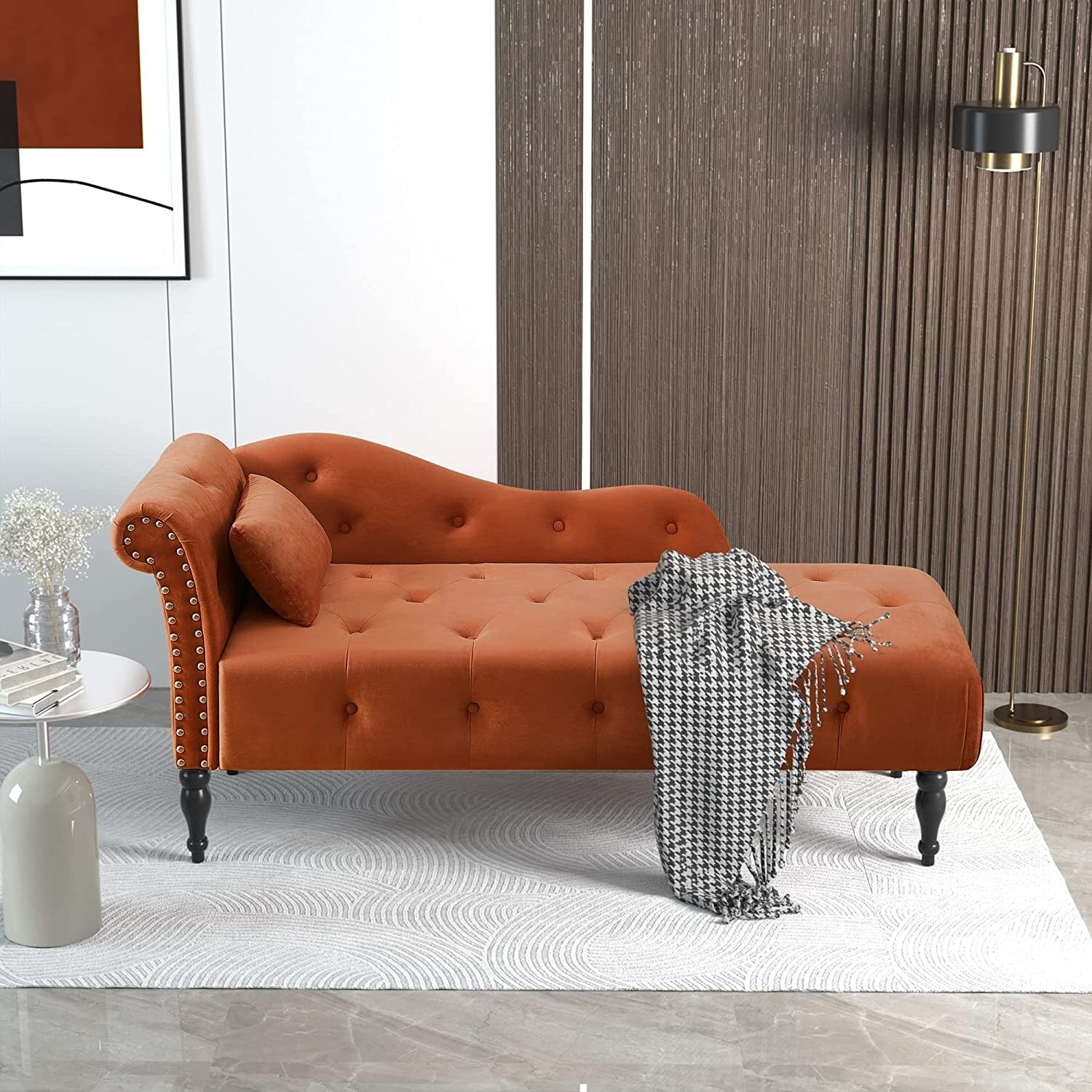 Chaise longue en velours 61 avec 1 coussin et garniture à clous cloutés