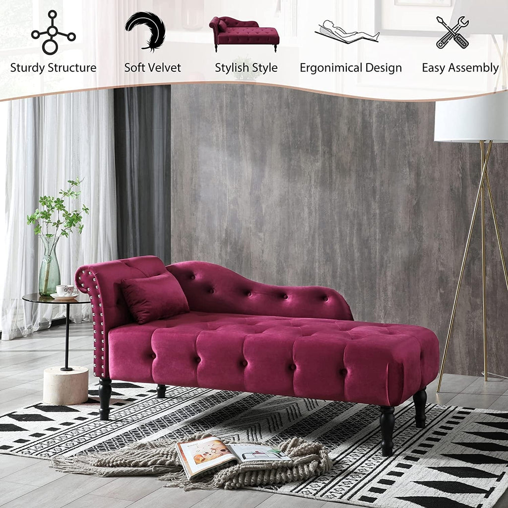 Chaise longue en velours 61 avec 1 coussin et garniture à clous cloutés