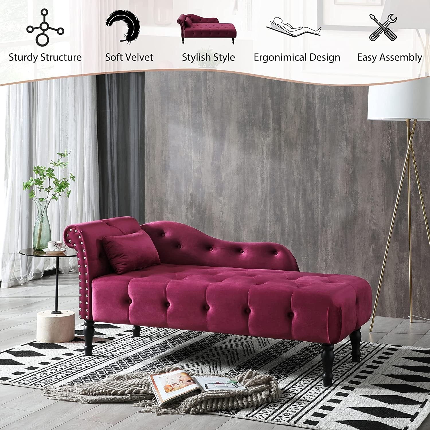 Chaise longue en velours 61 avec 1 coussin et garniture à clous cloutés